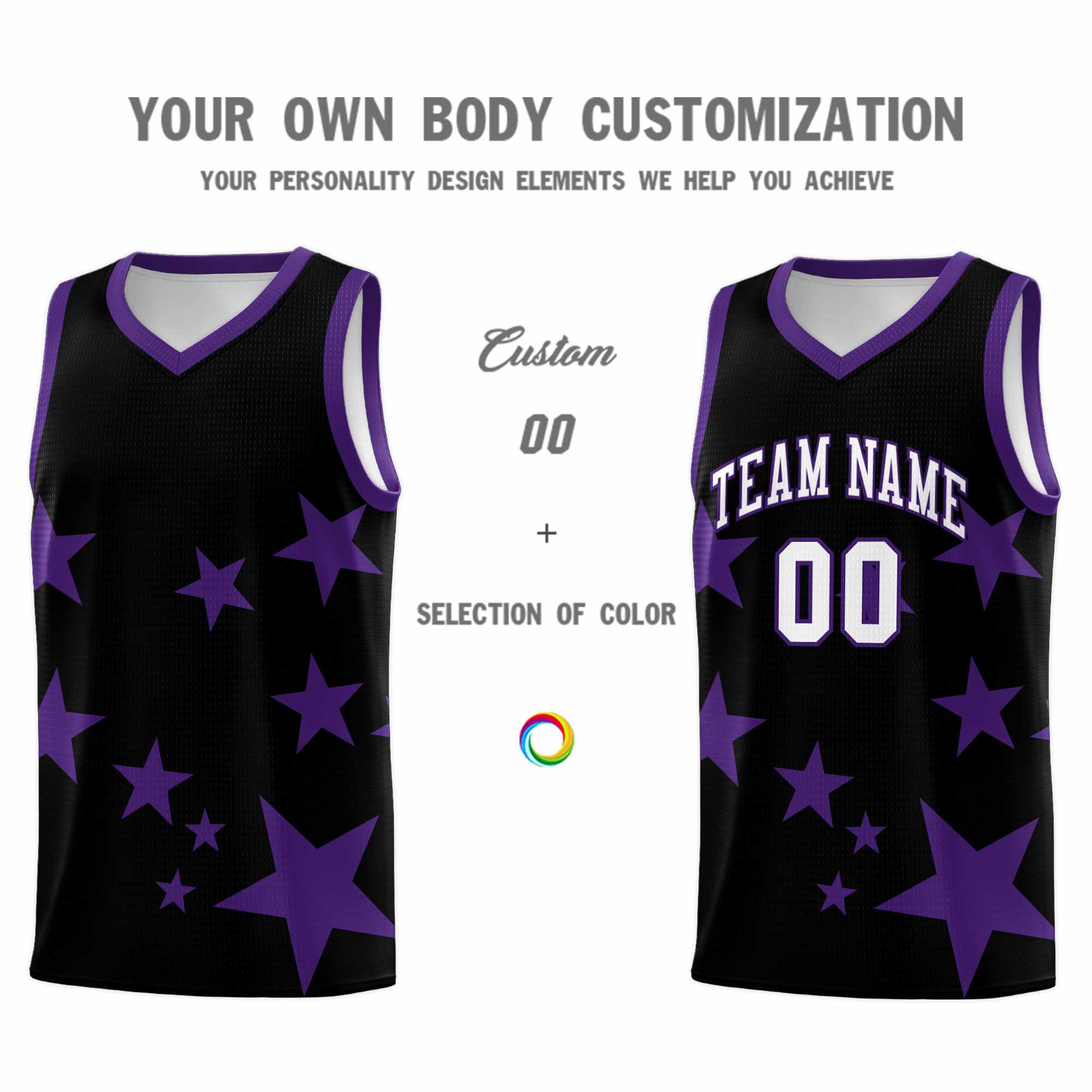 Custom Black Purple Graffiti Pattern Star Print Basketball Kits Sets