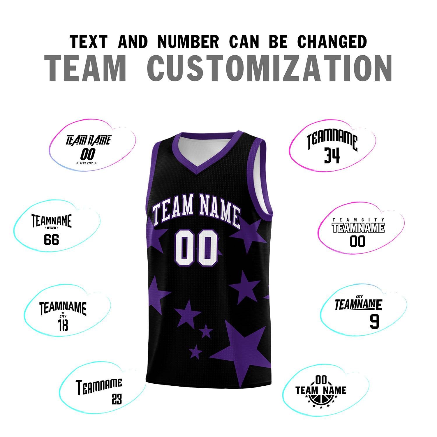 Custom Black Purple Graffiti Pattern Star Print Basketball Kits Sets