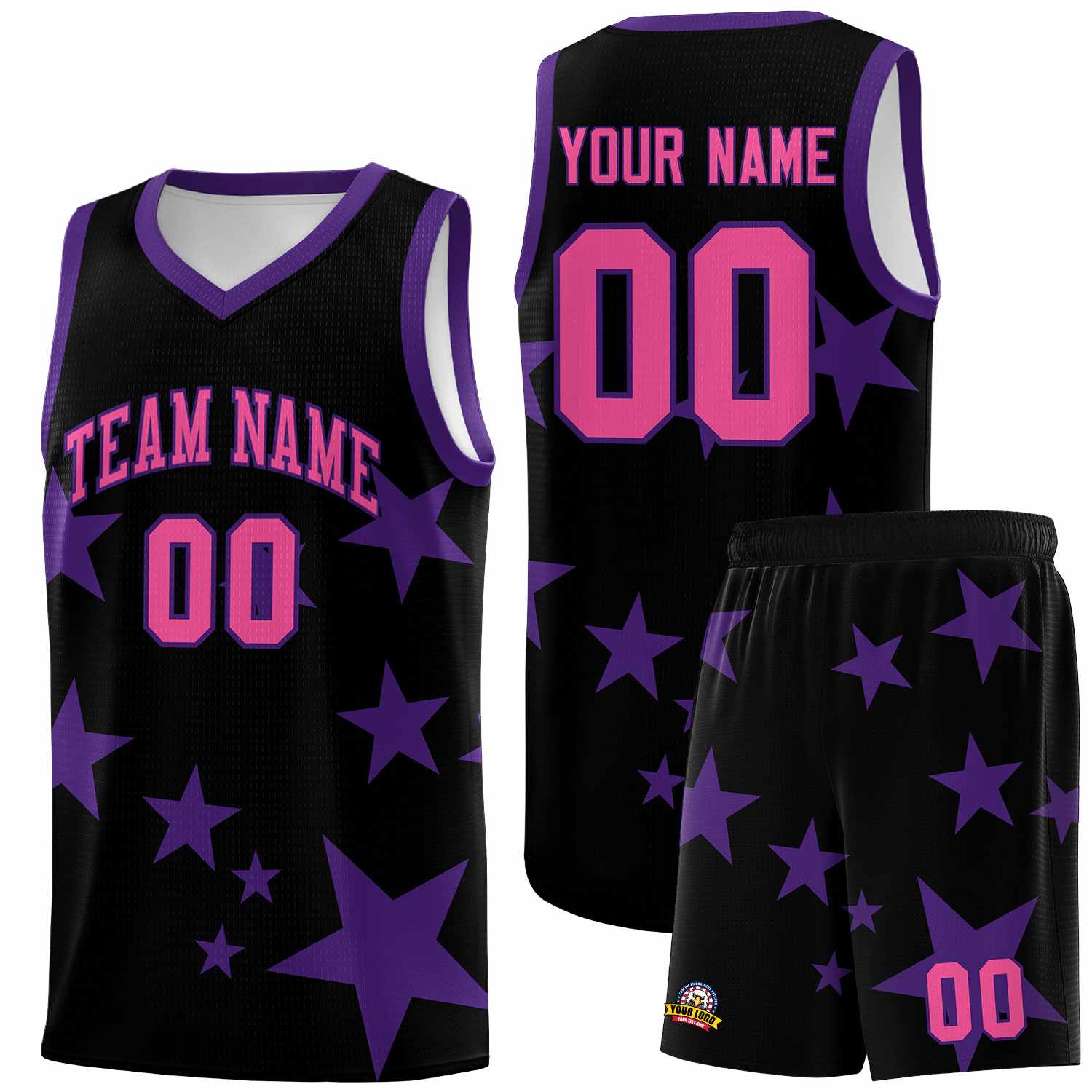 Custom Black Purple Graffiti Pattern Star Print Basketball Kits Sets