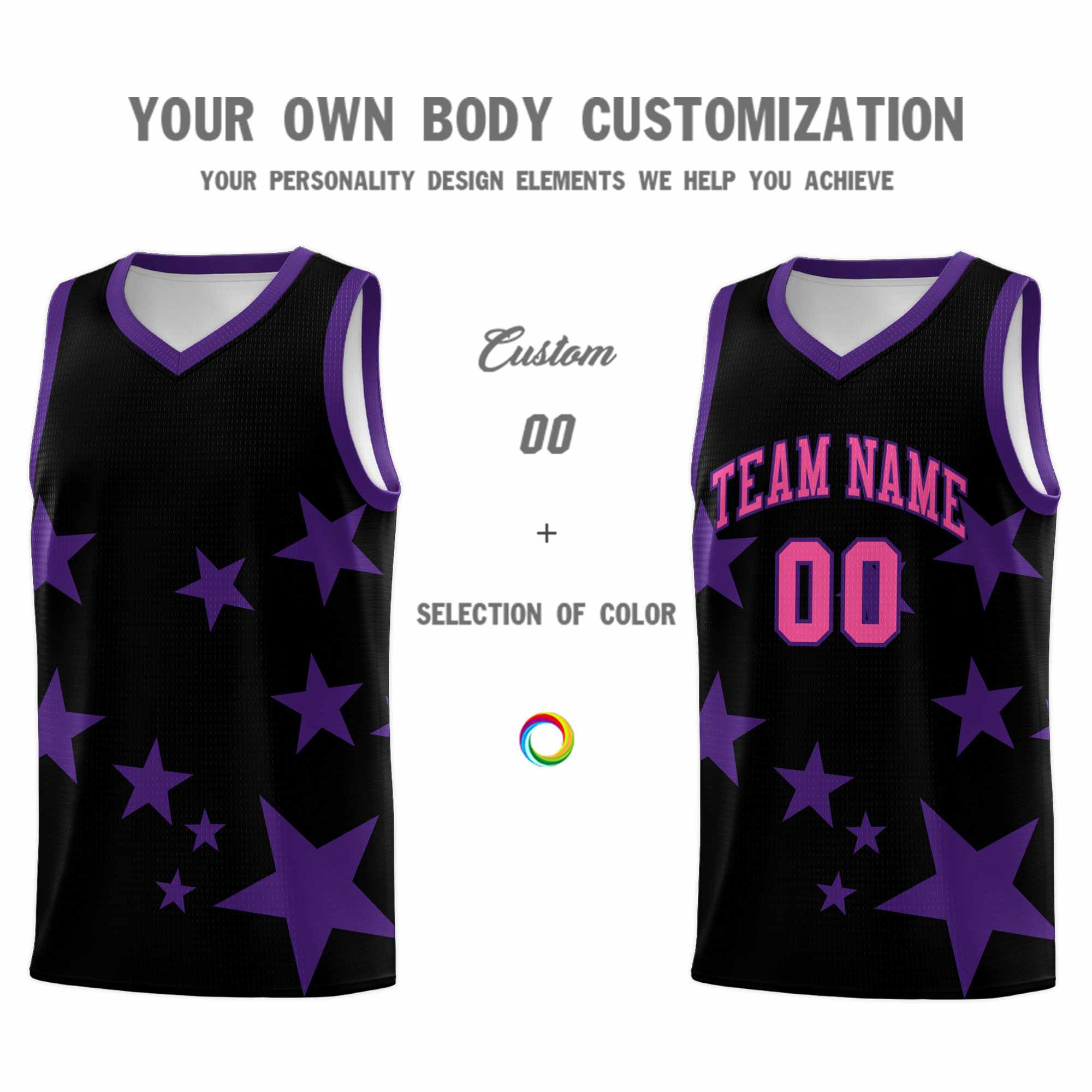 Custom Black Purple Graffiti Pattern Star Print Basketball Kits Sets