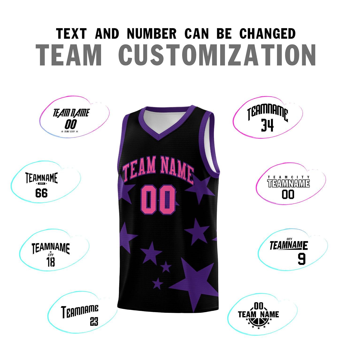 Custom Black Purple Graffiti Pattern Star Print Basketball Kits Sets