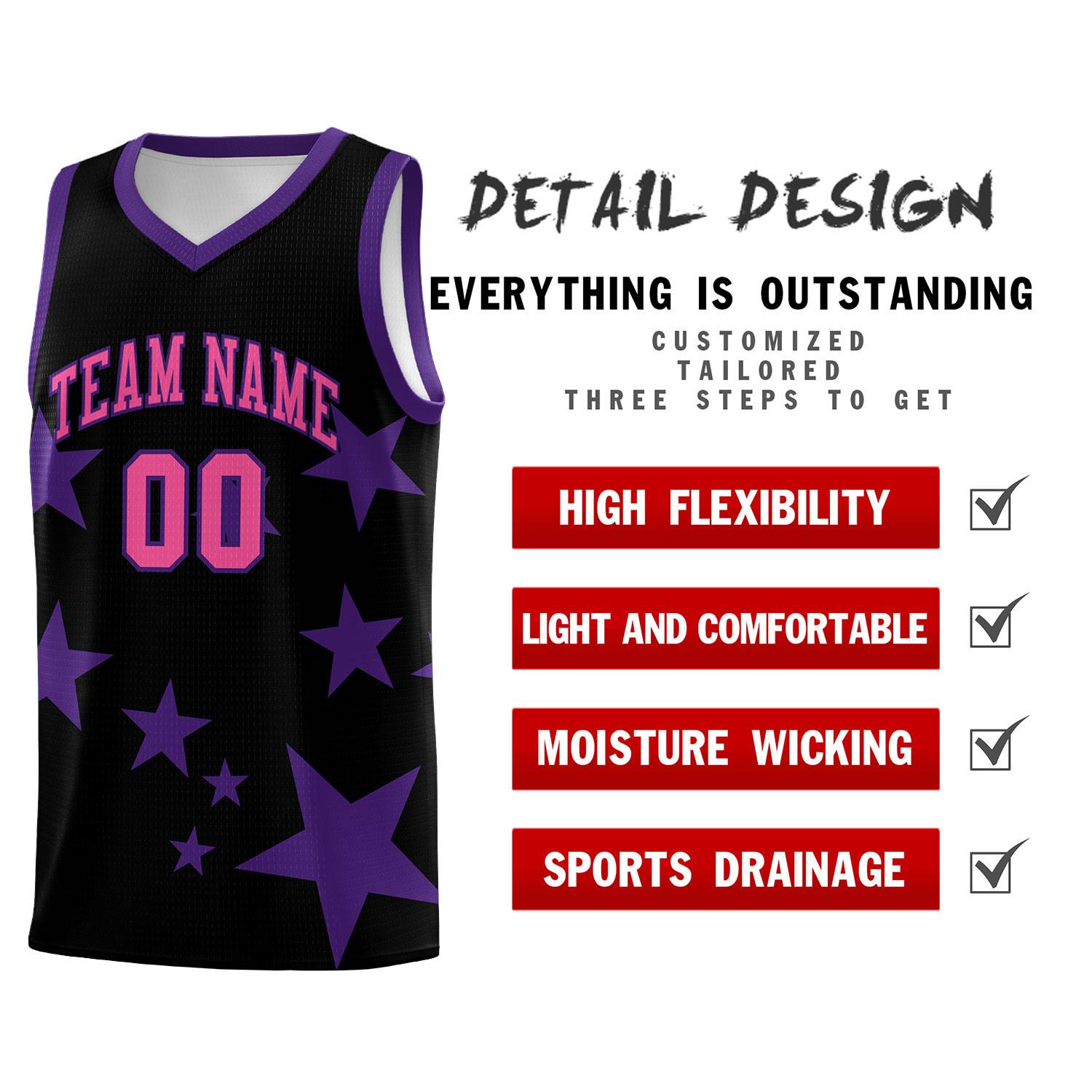 Custom Black Purple Graffiti Pattern Star Print Basketball Kits Sets
