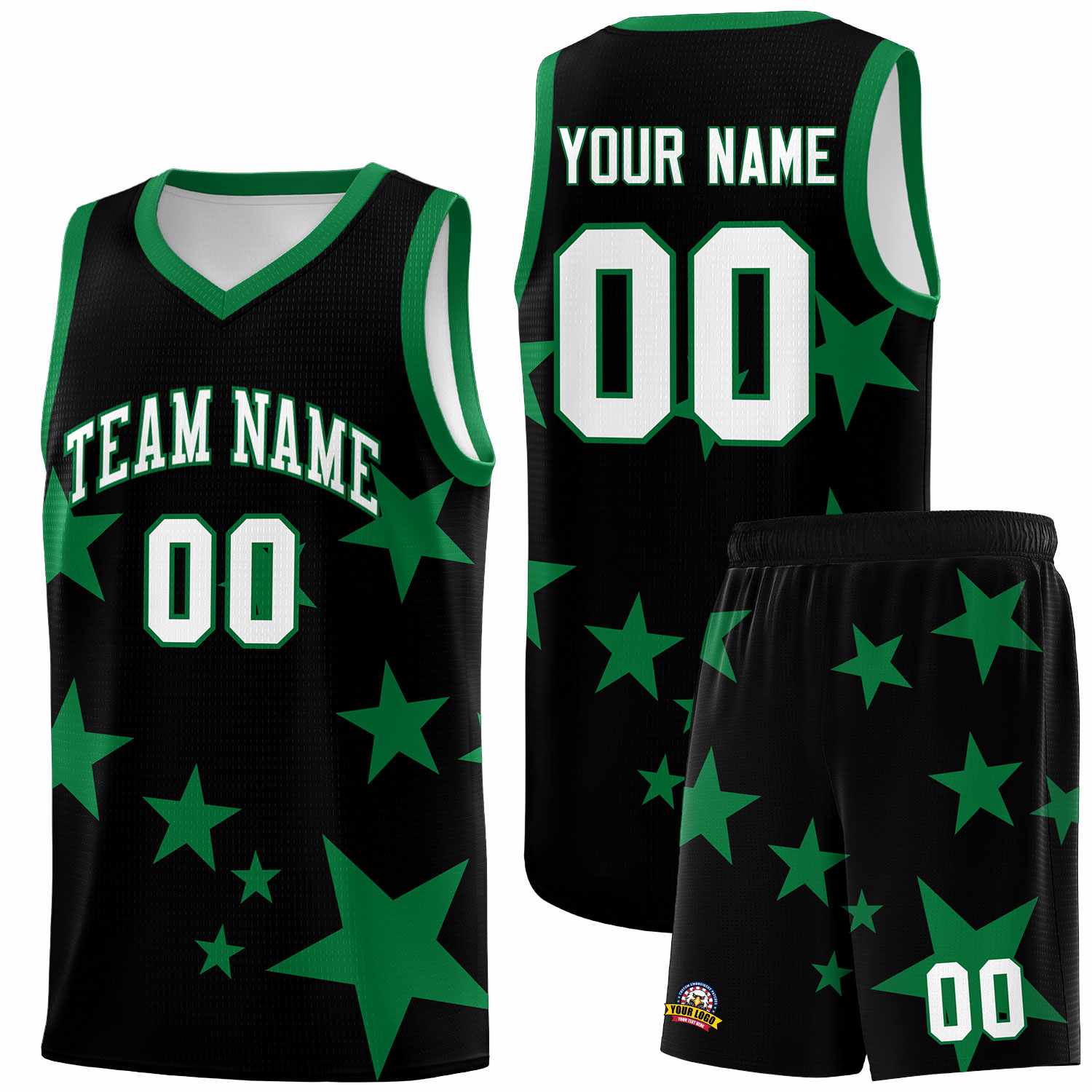 Custom Black Kelly Green Graffiti Pattern Star Print Basketball Kits Sets