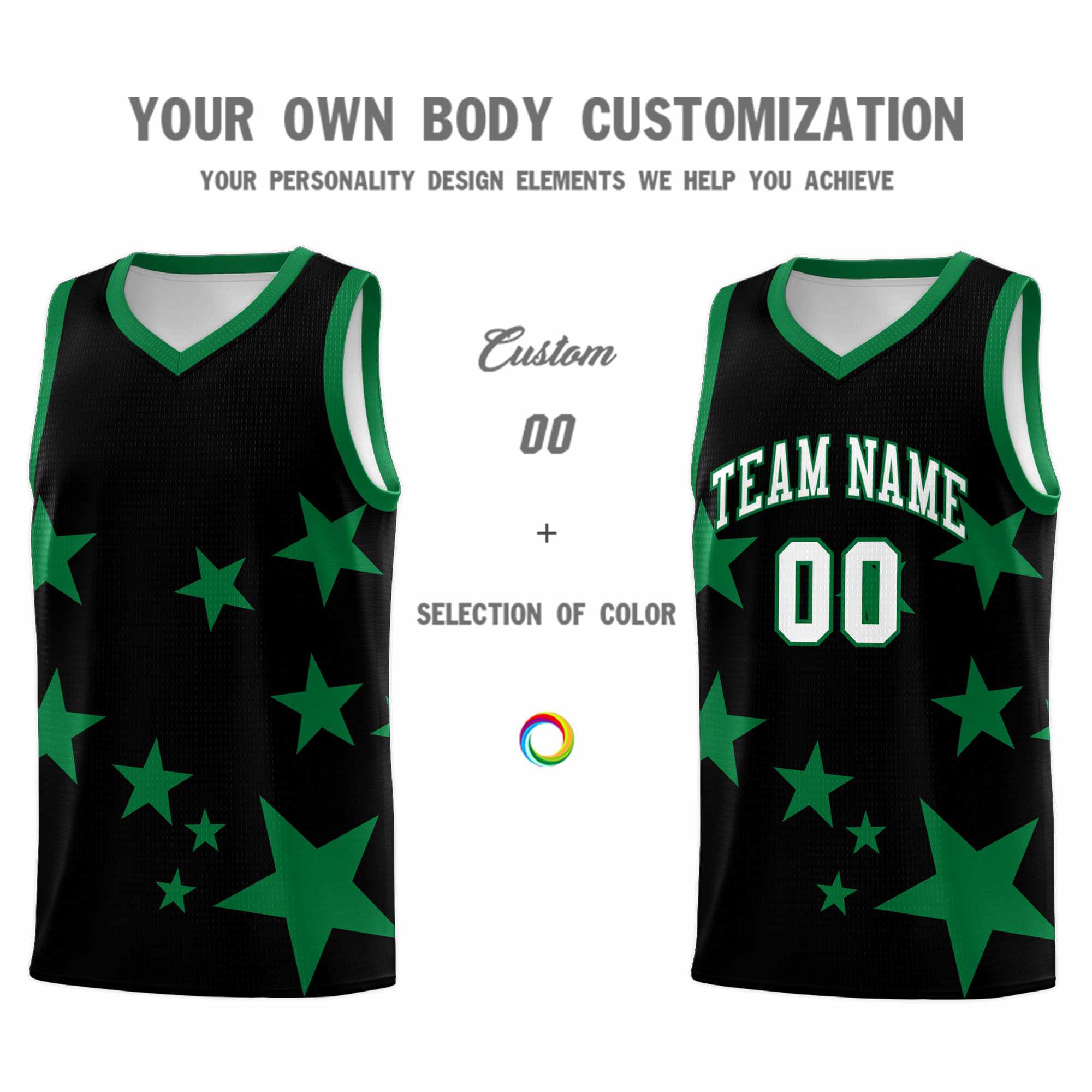 Custom Black Kelly Green Graffiti Pattern Star Print Basketball Kits Sets