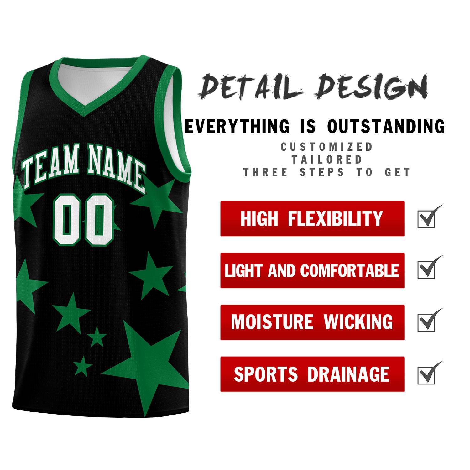 Custom Black Kelly Green Graffiti Pattern Star Print Basketball Kits Sets