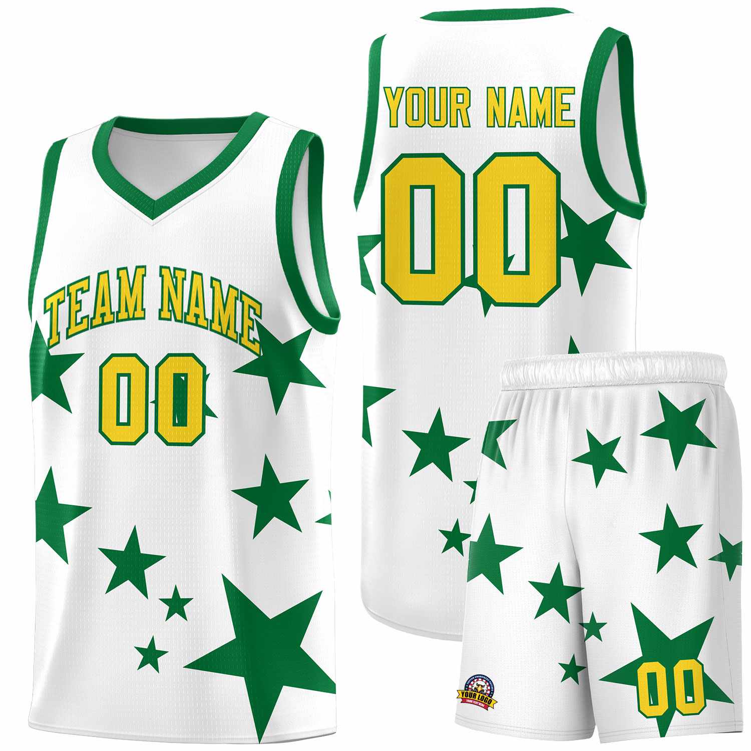 Custom White Kelly Green Graffiti Pattern Star Print Basketball Kits Sets