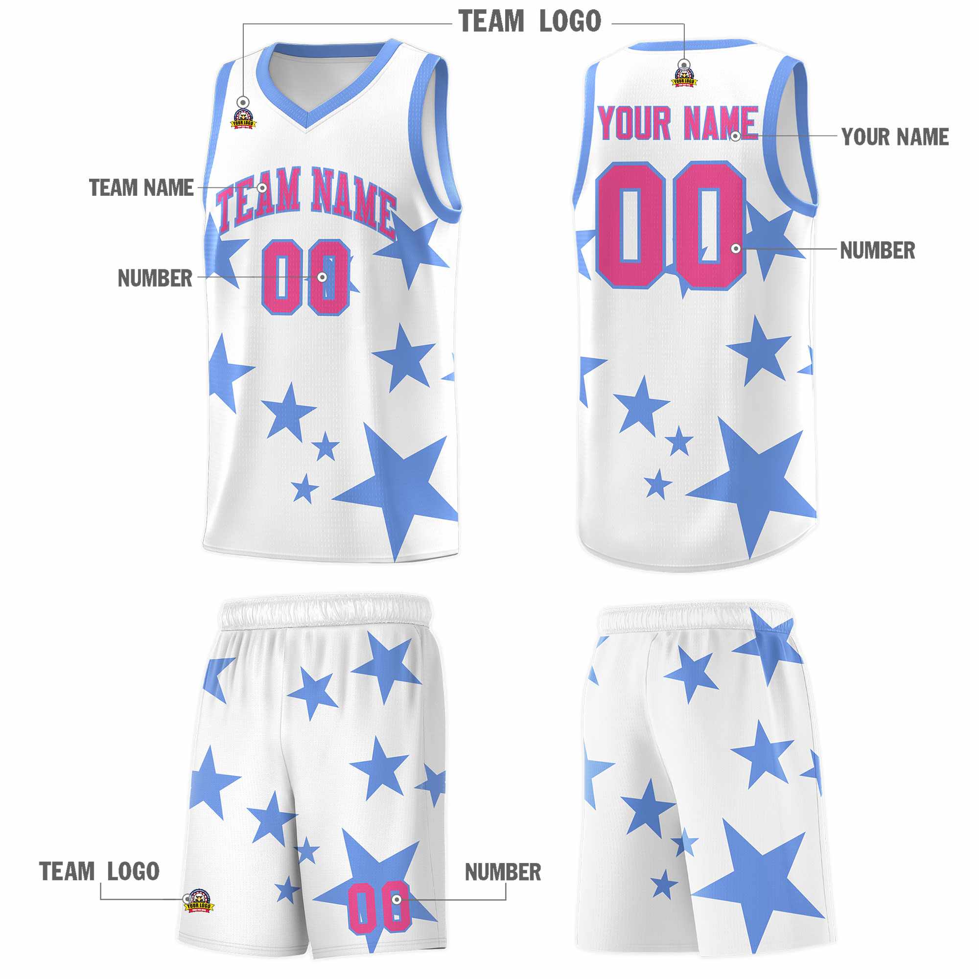 Custom White Light Blue Graffiti Pattern Star Print Basketball Kits Sets