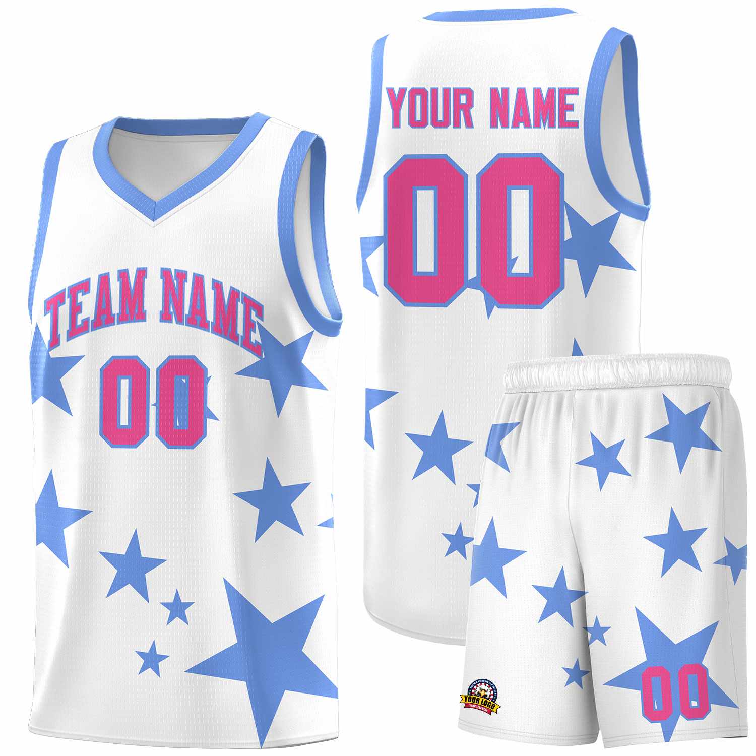 Custom White Light Blue Graffiti Pattern Star Print Basketball Kits Sets