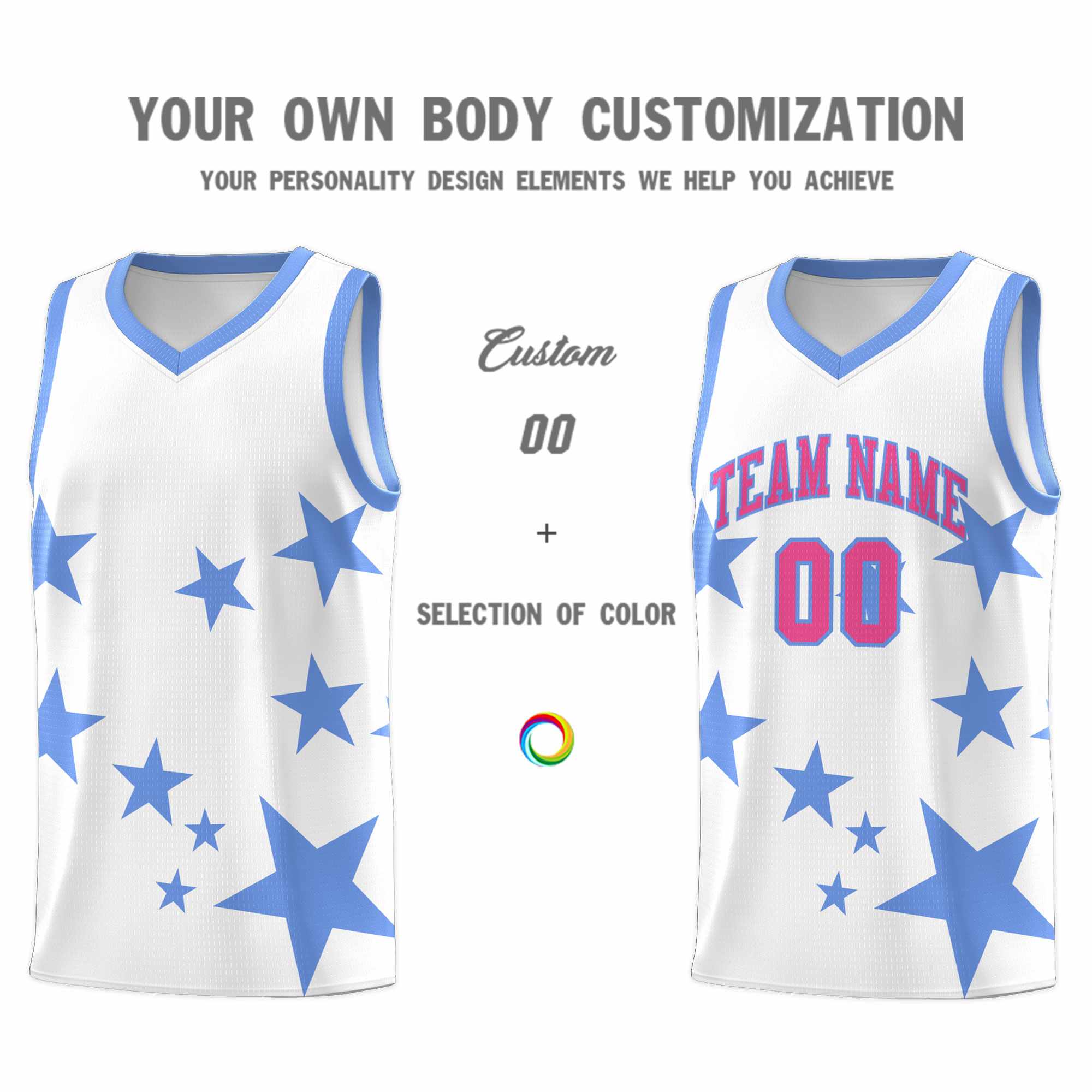 Custom White Light Blue Graffiti Pattern Star Print Basketball Kits Sets