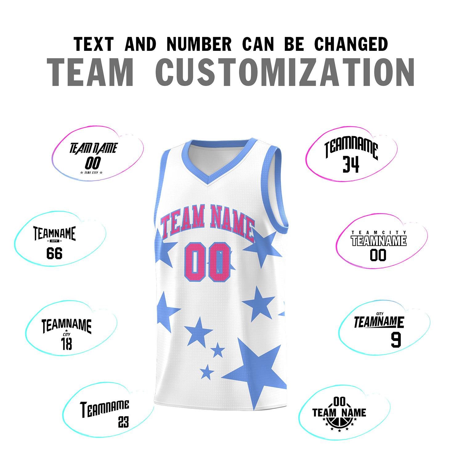 Custom White Light Blue Graffiti Pattern Star Print Basketball Kits Sets
