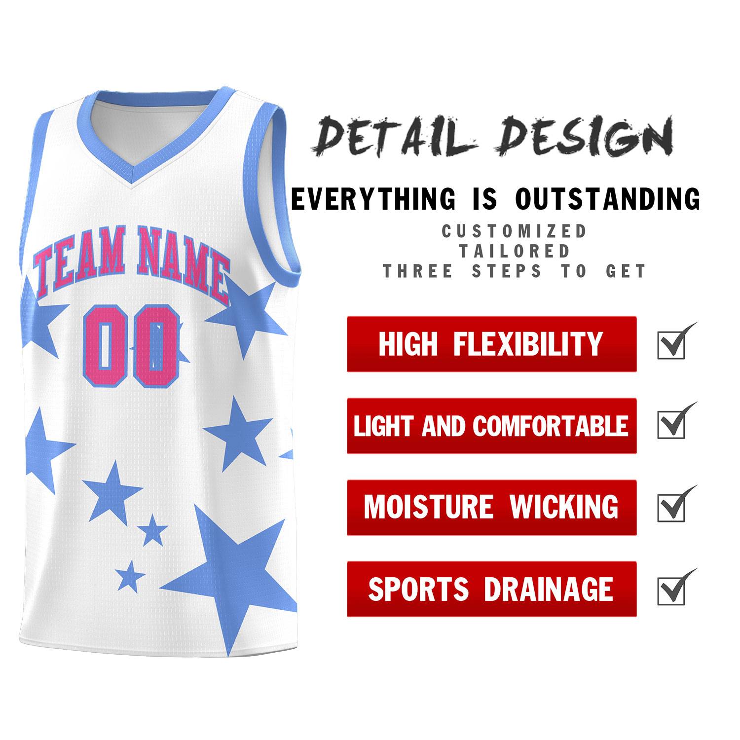 Custom White Light Blue Graffiti Pattern Star Print Basketball Kits Sets