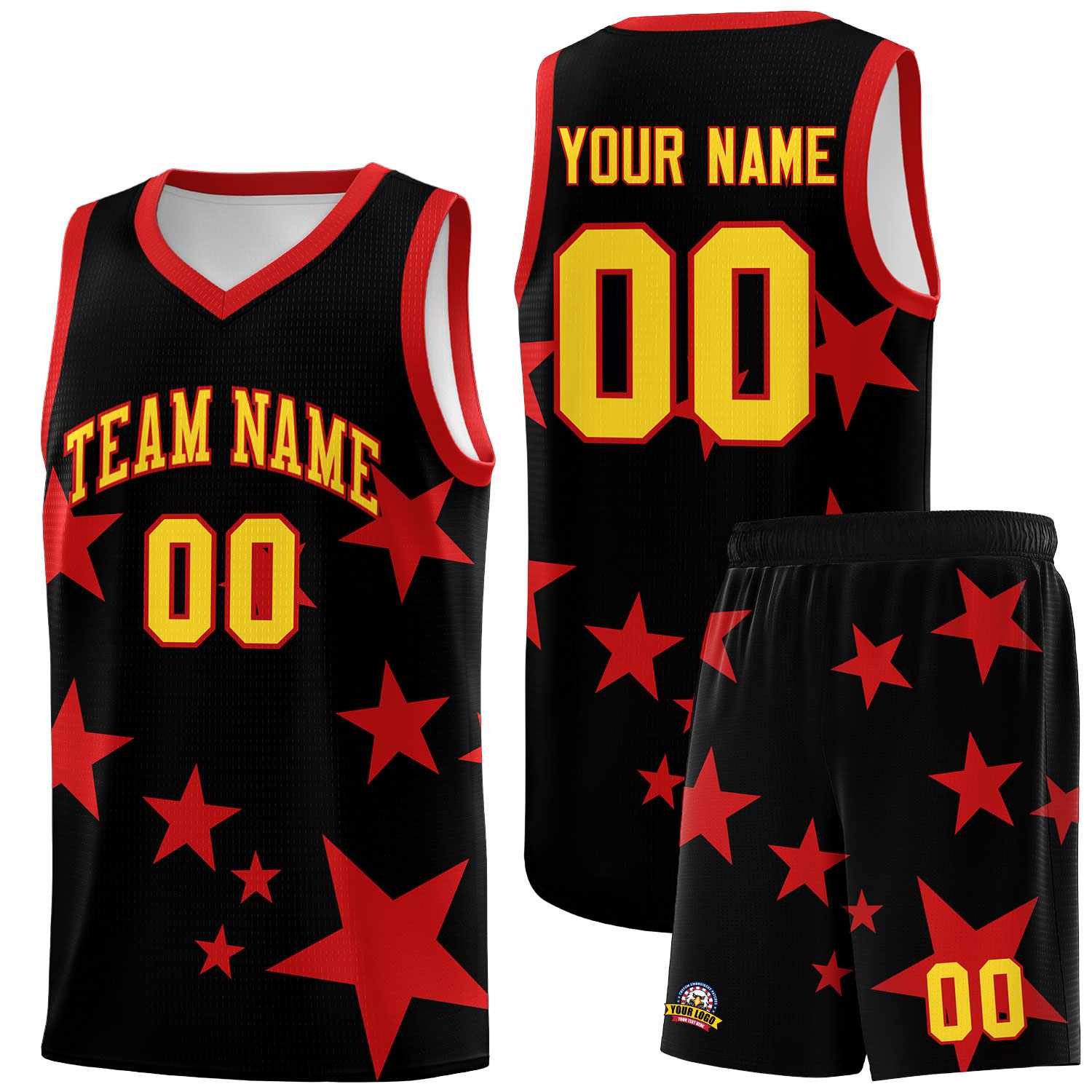 Custom Black Red Graffiti Pattern Star Print Basketball Kits Sets