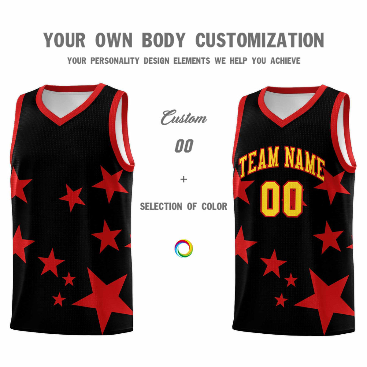 Custom Black Red Graffiti Pattern Star Print Basketball Kits Sets