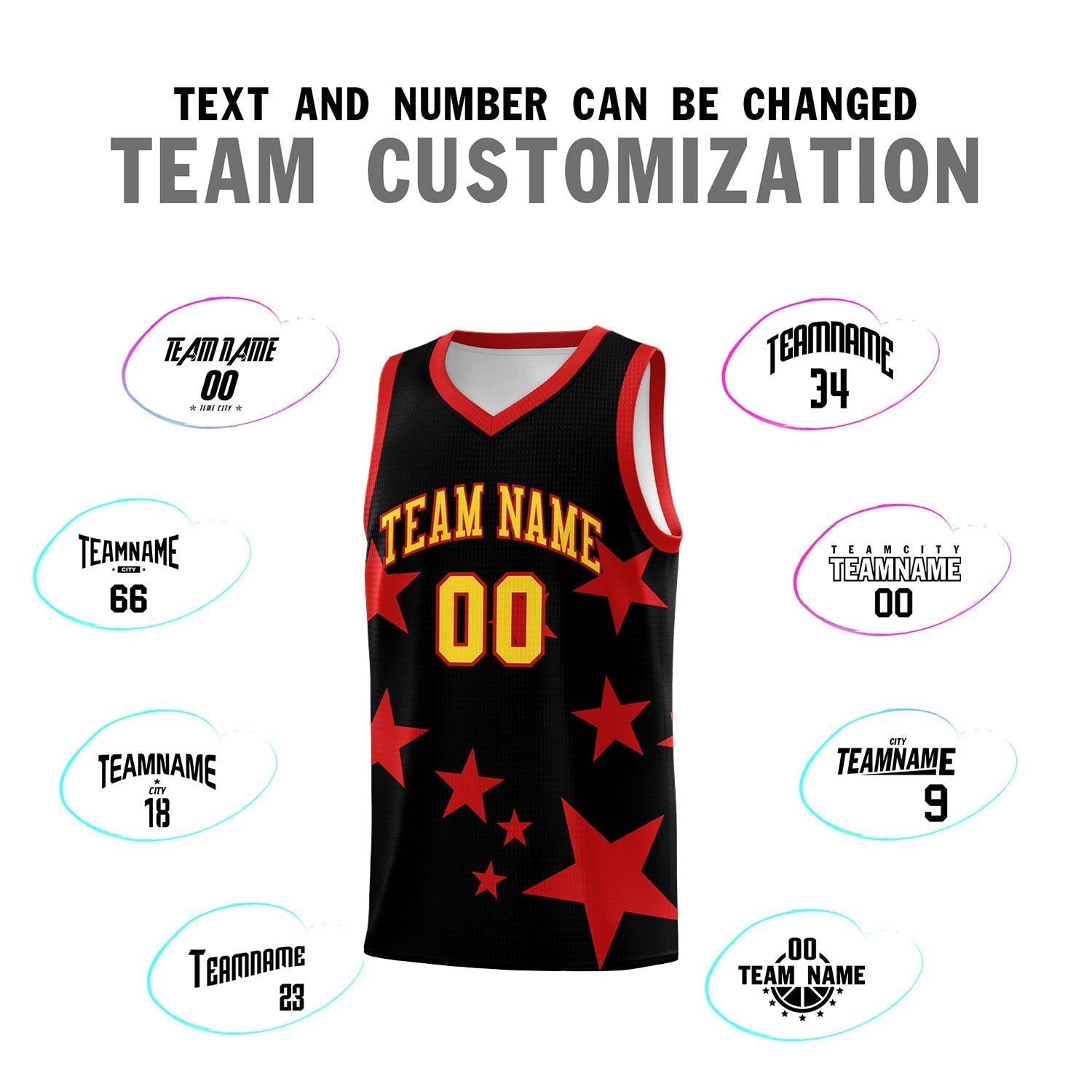 Custom Black Red Graffiti Pattern Star Print Basketball Kits Sets