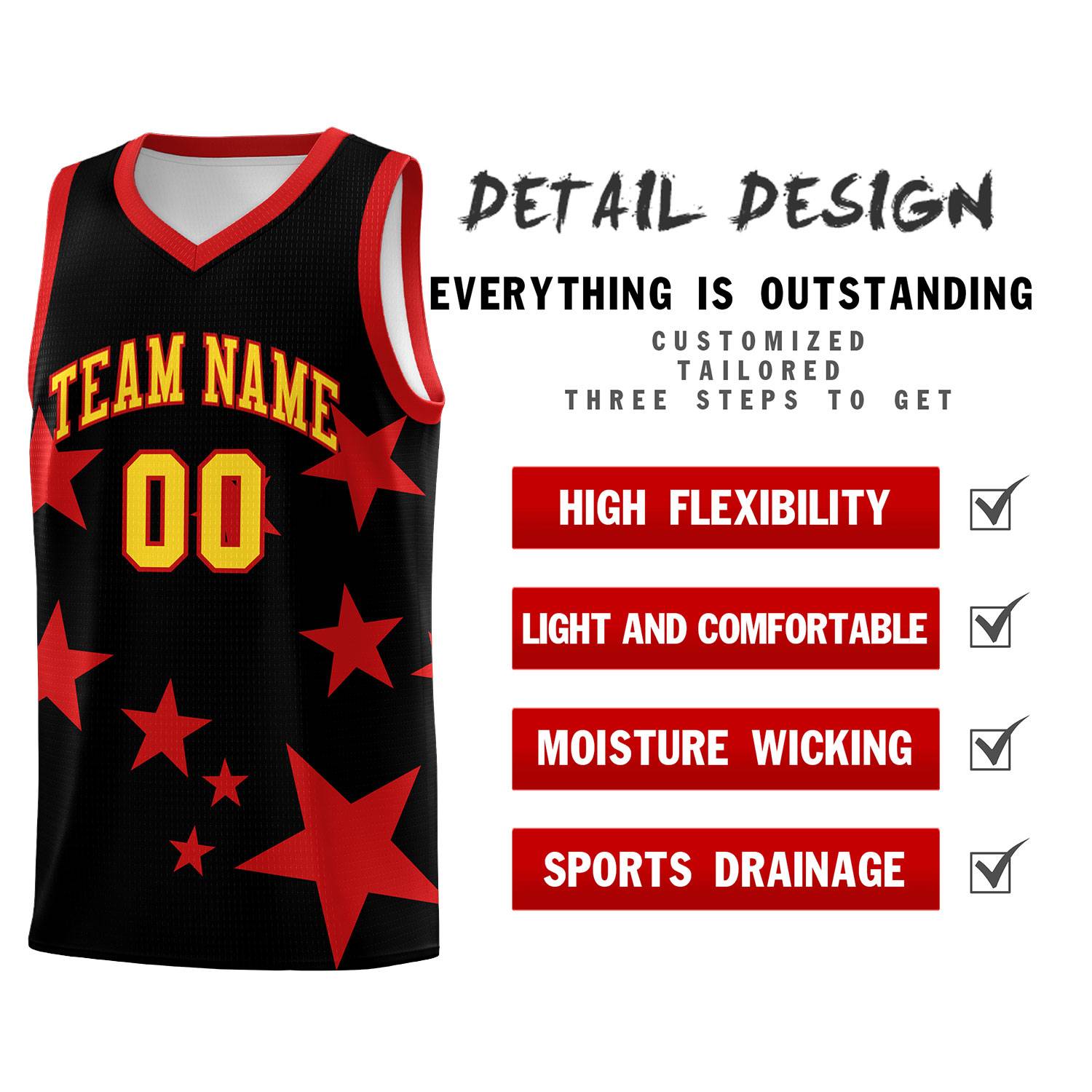 Custom Black Red Graffiti Pattern Star Print Basketball Kits Sets