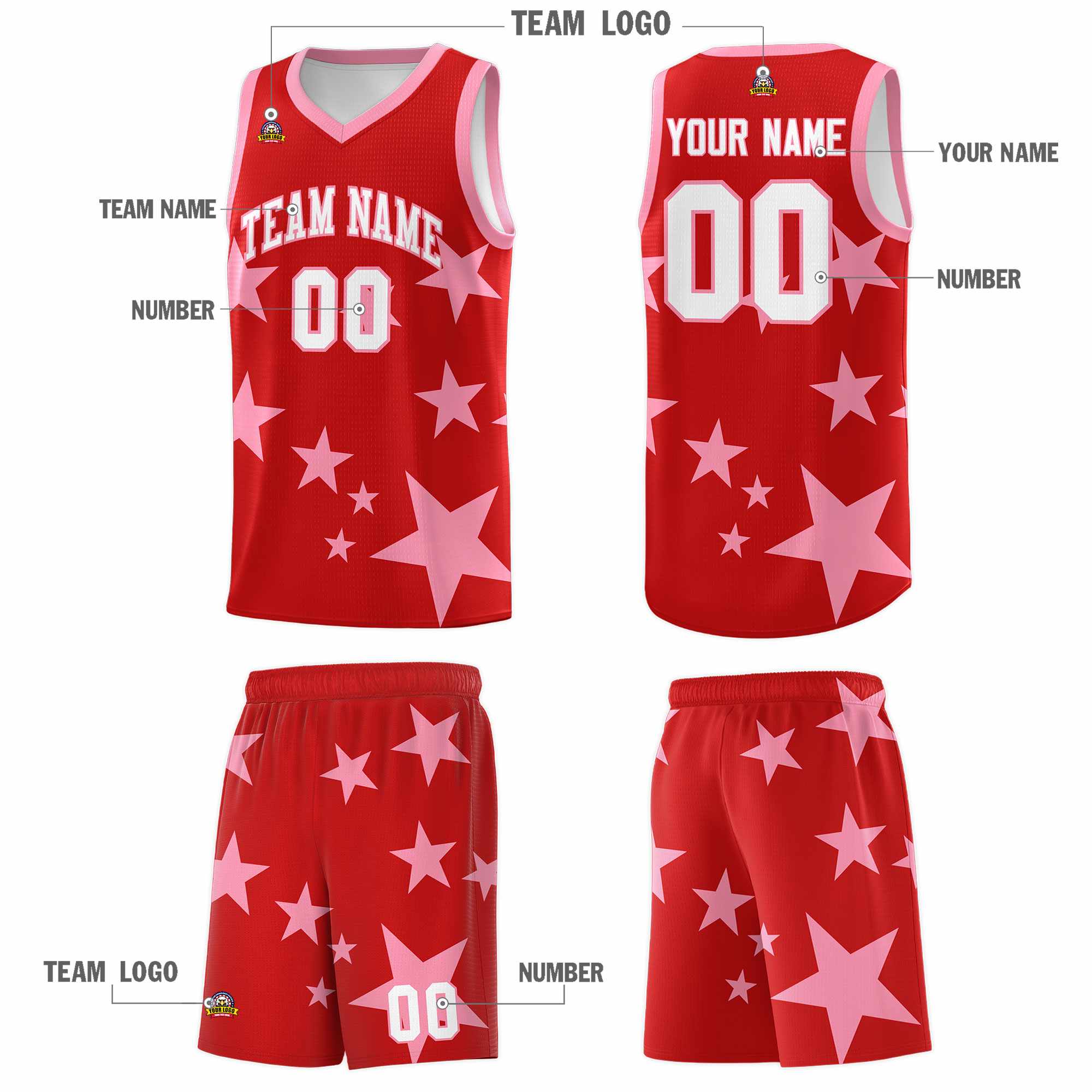 Custom Red Light Pink Graffiti Pattern Star Print Basketball Kits Sets