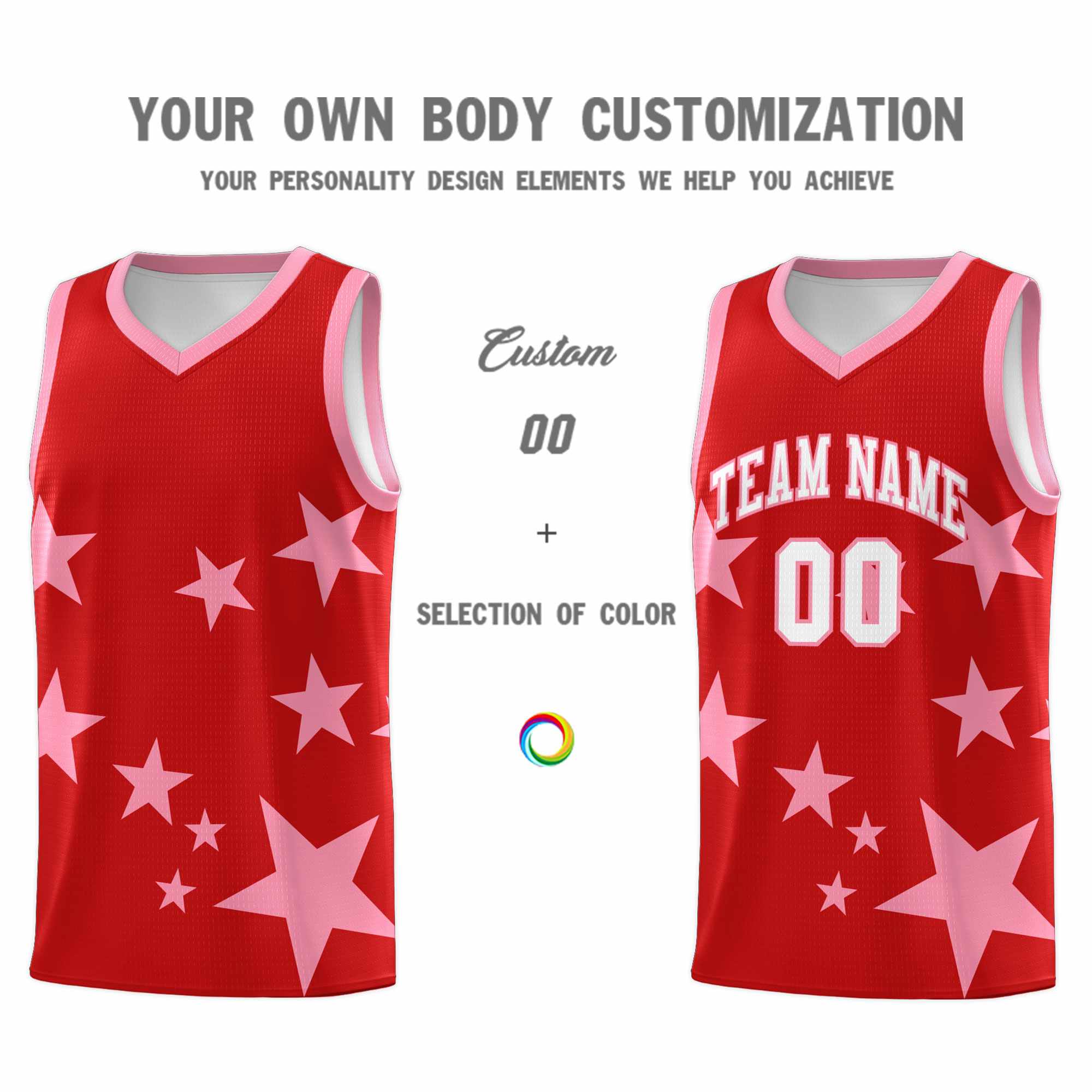 Custom Red Light Pink Graffiti Pattern Star Print Basketball Kits Sets