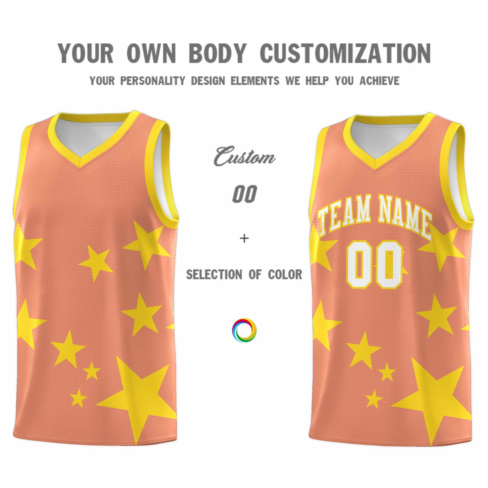 Custom Light Orange Gold Graffiti Pattern Star Print Basketball Kits Sets