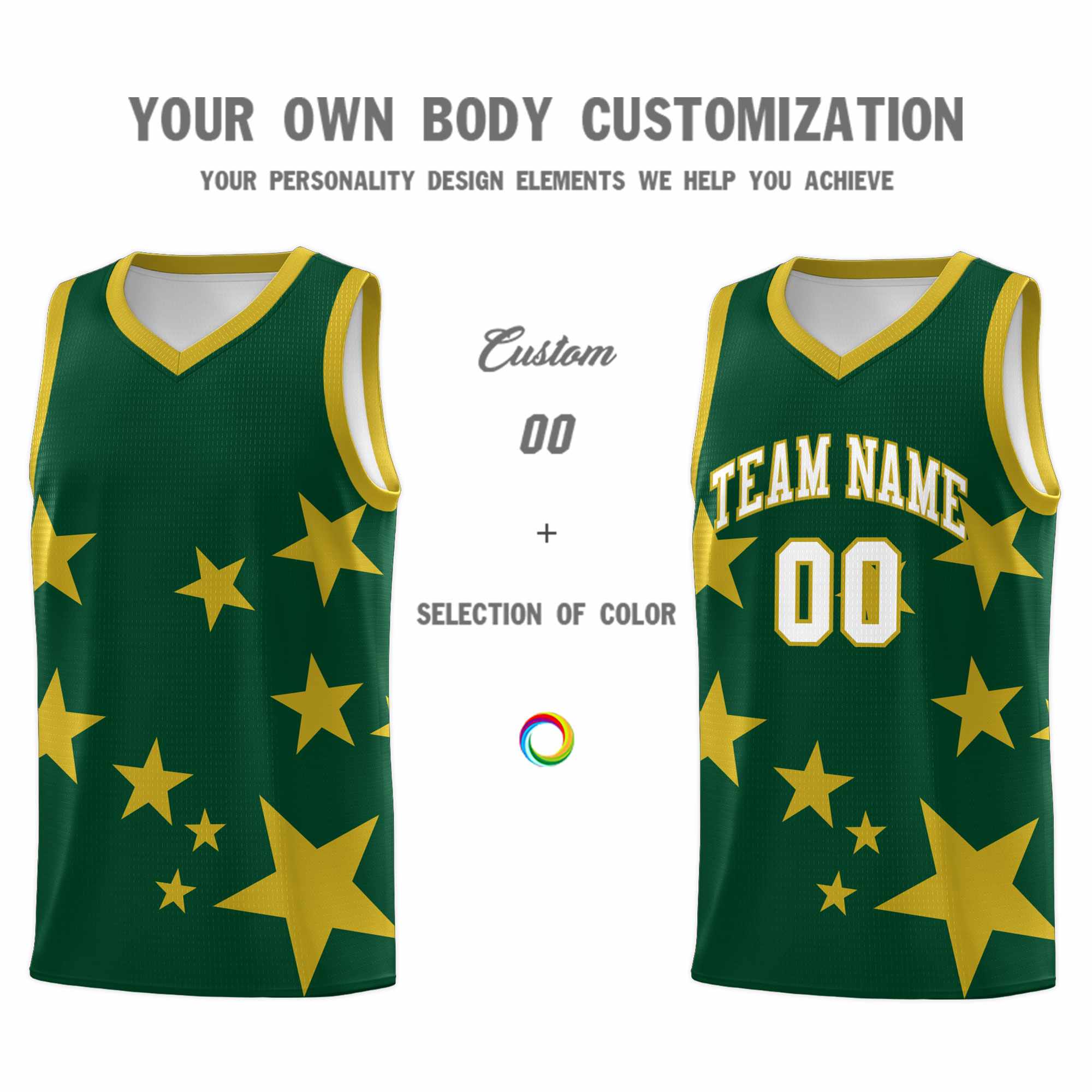 Custom Green Old Gold Graffiti Pattern Star Print Basketball Kits Sets