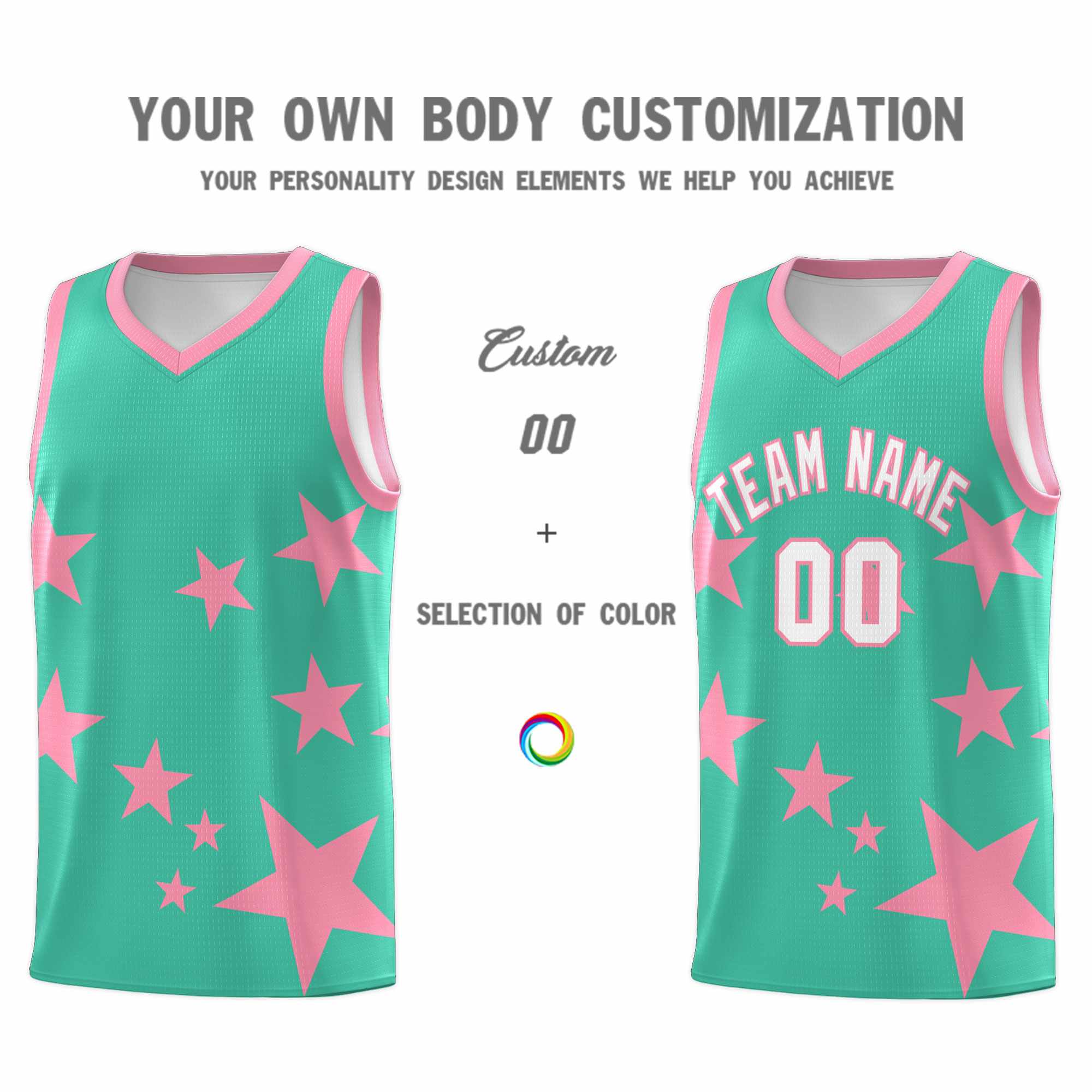 Custom Bright Green Light Pink Graffiti Pattern Star Print Basketball Kits Sets