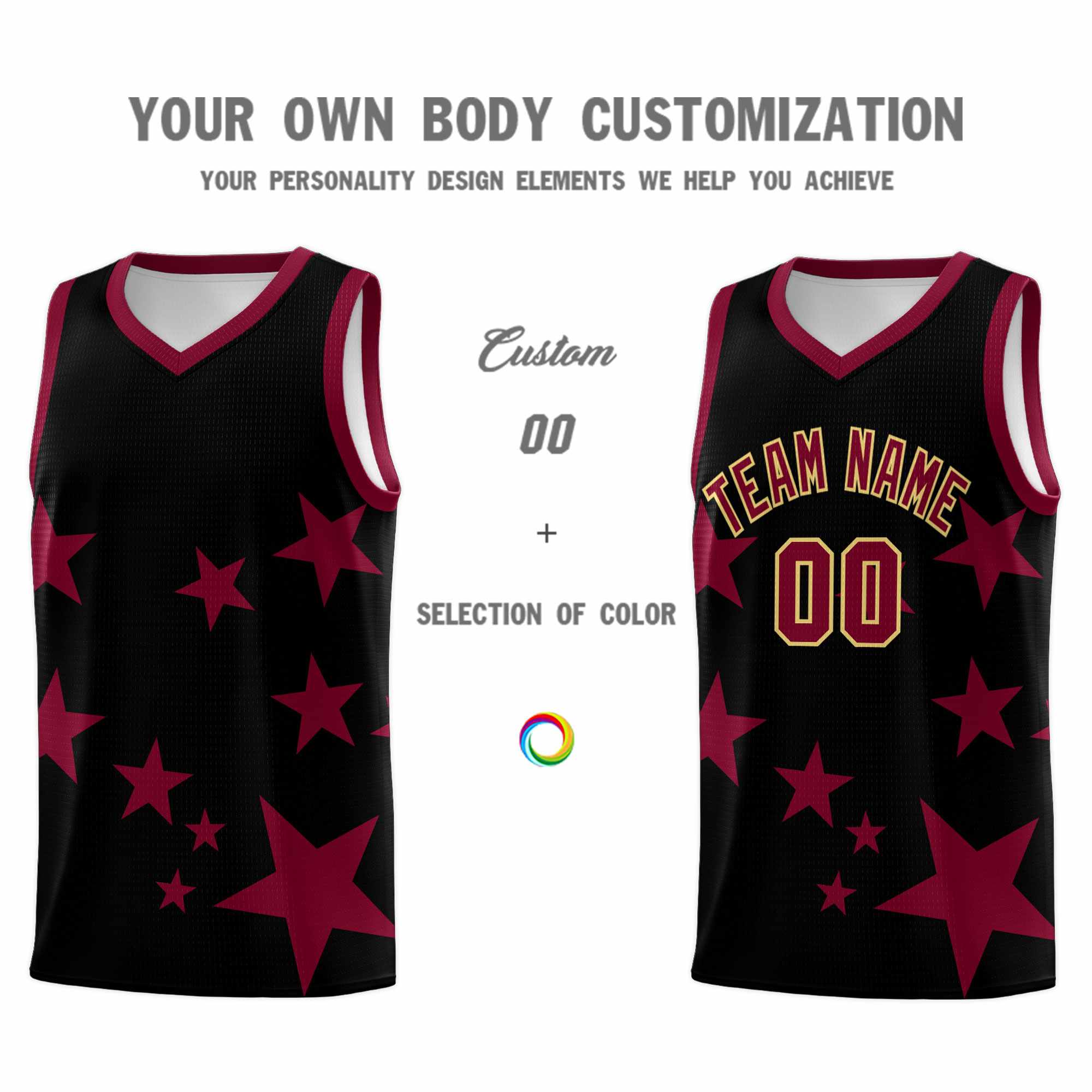 Custom Black Crimson Graffiti Pattern Star Print Basketball Kits Sets