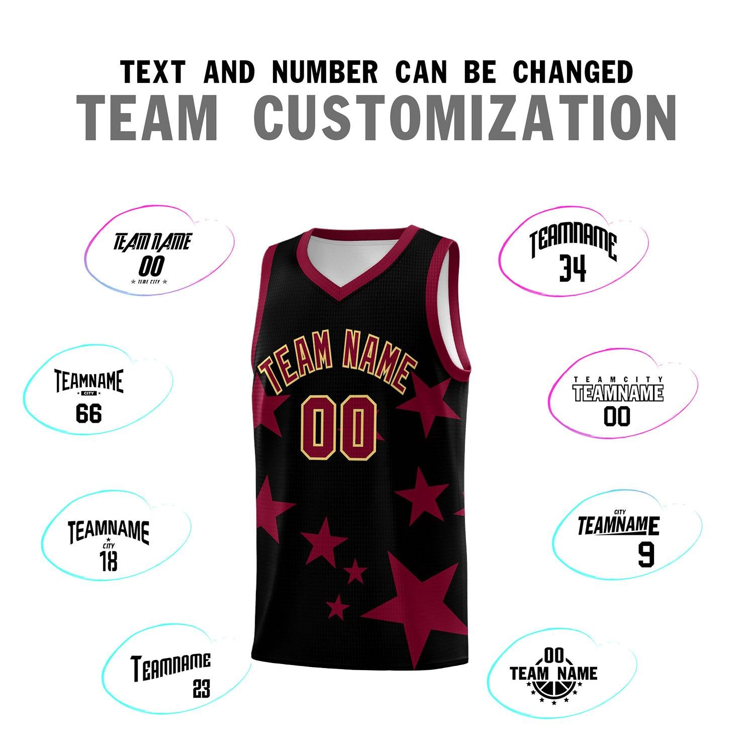 Custom Black Crimson Graffiti Pattern Star Print Basketball Kits Sets