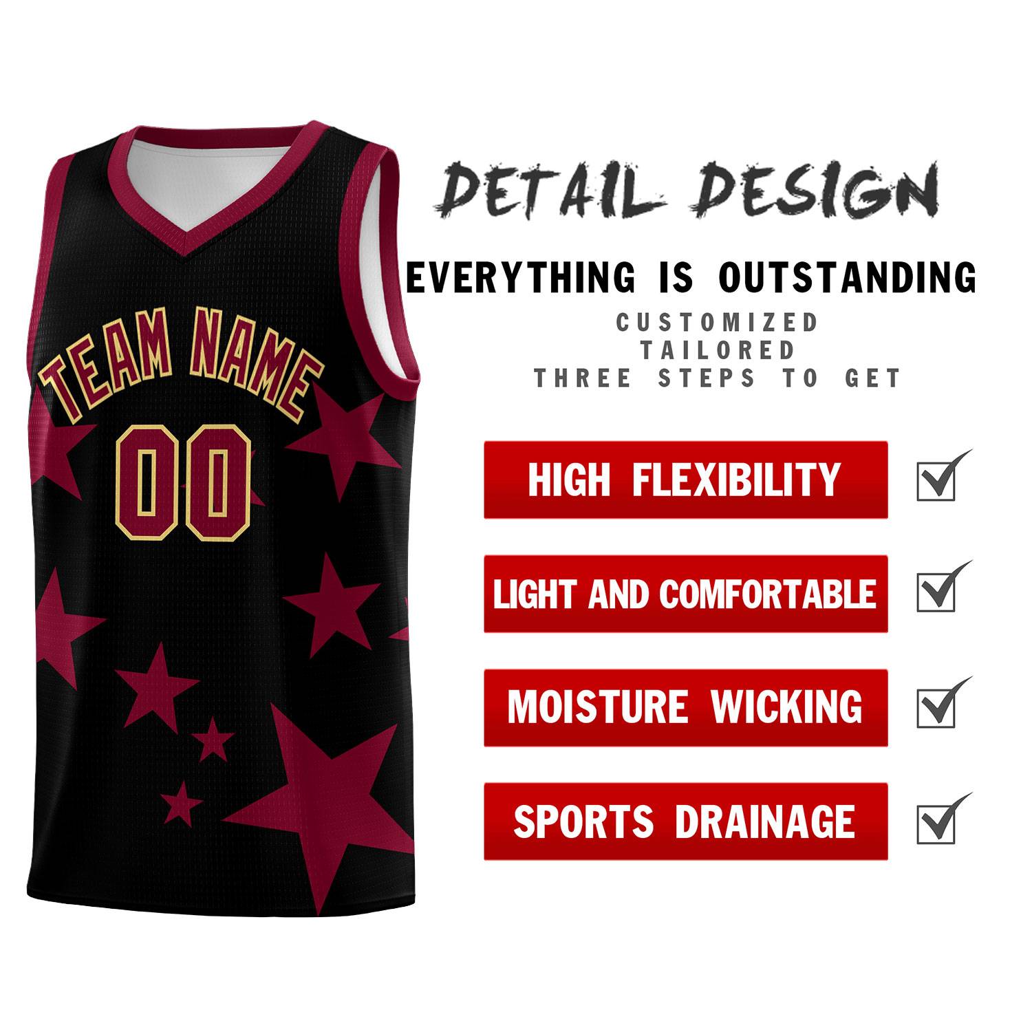 Custom Black Crimson Graffiti Pattern Star Print Basketball Kits Sets