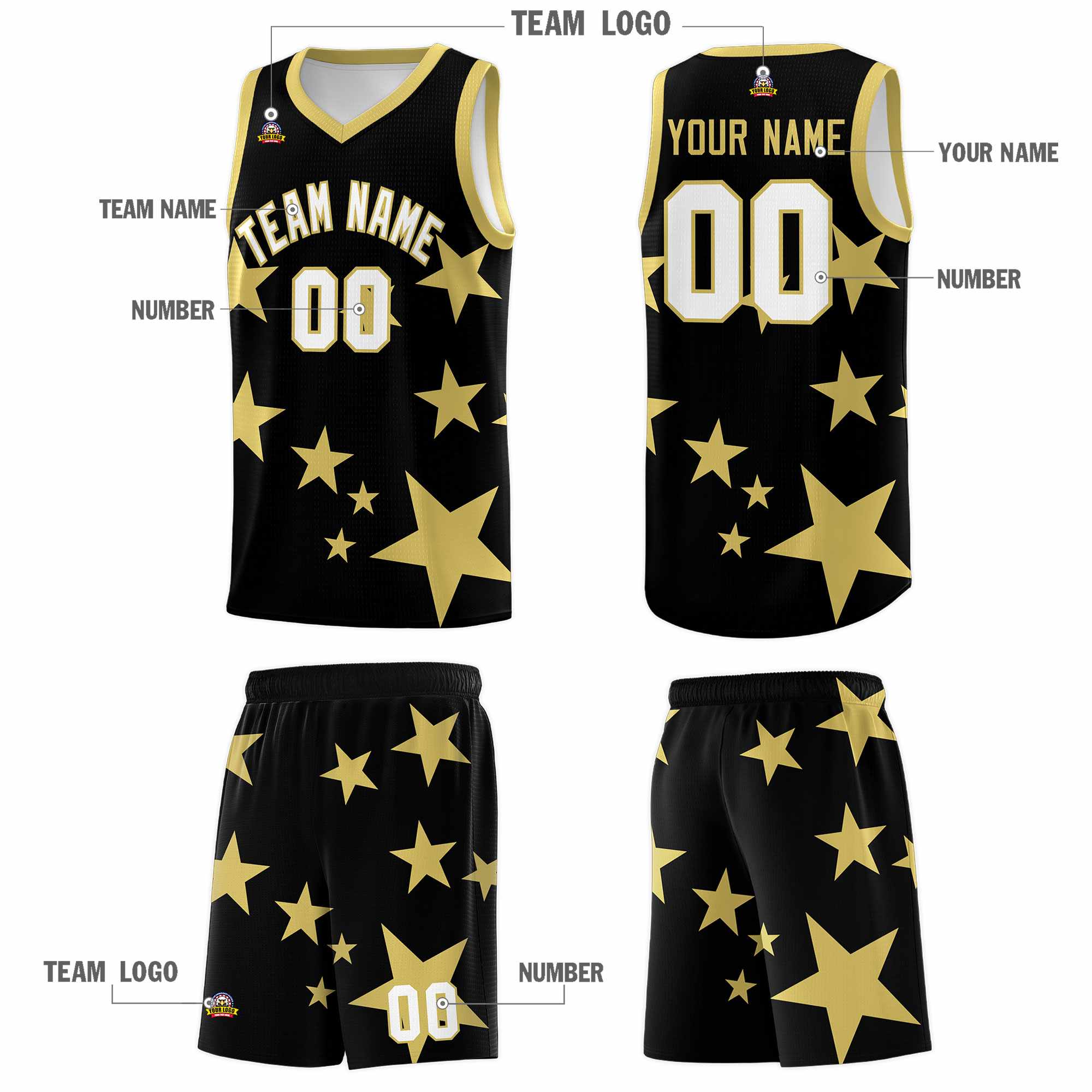 Custom Black Old Gold Graffiti Pattern Star Print Basketball Kits Sets
