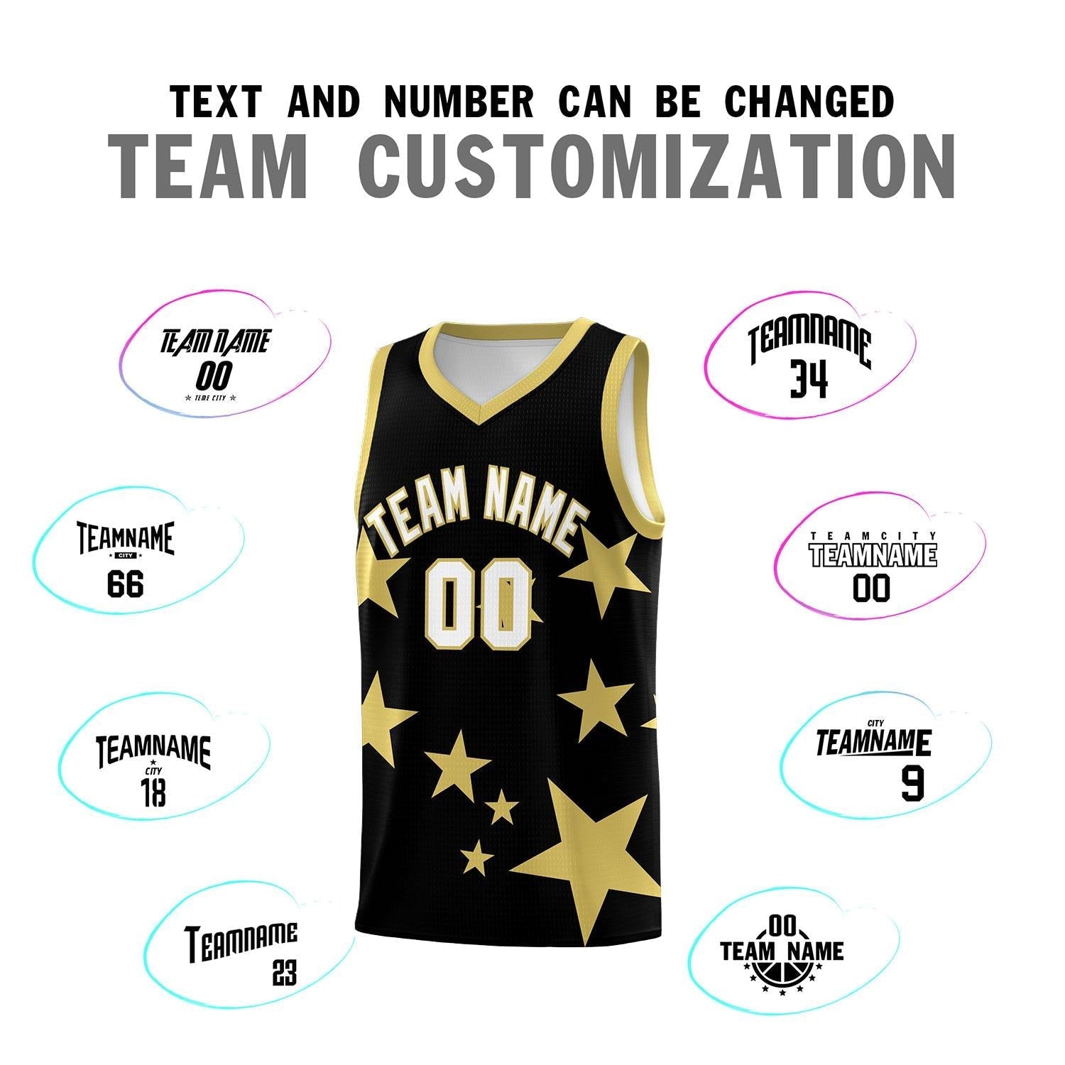 Custom Black Old Gold Graffiti Pattern Star Print Basketball Kits Sets