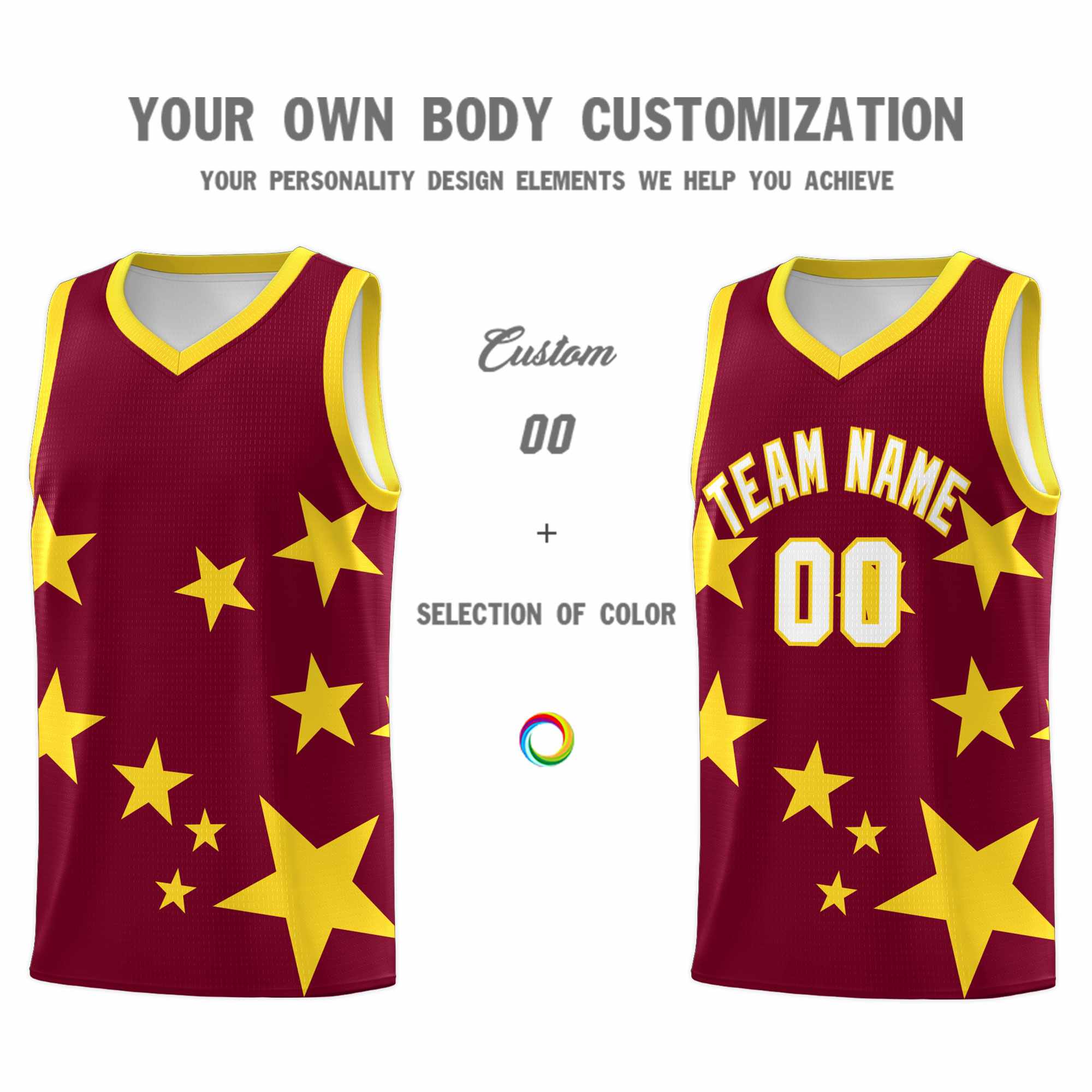 Custom Crimson Gold Graffiti Pattern Star Print Basketball Kits Sets