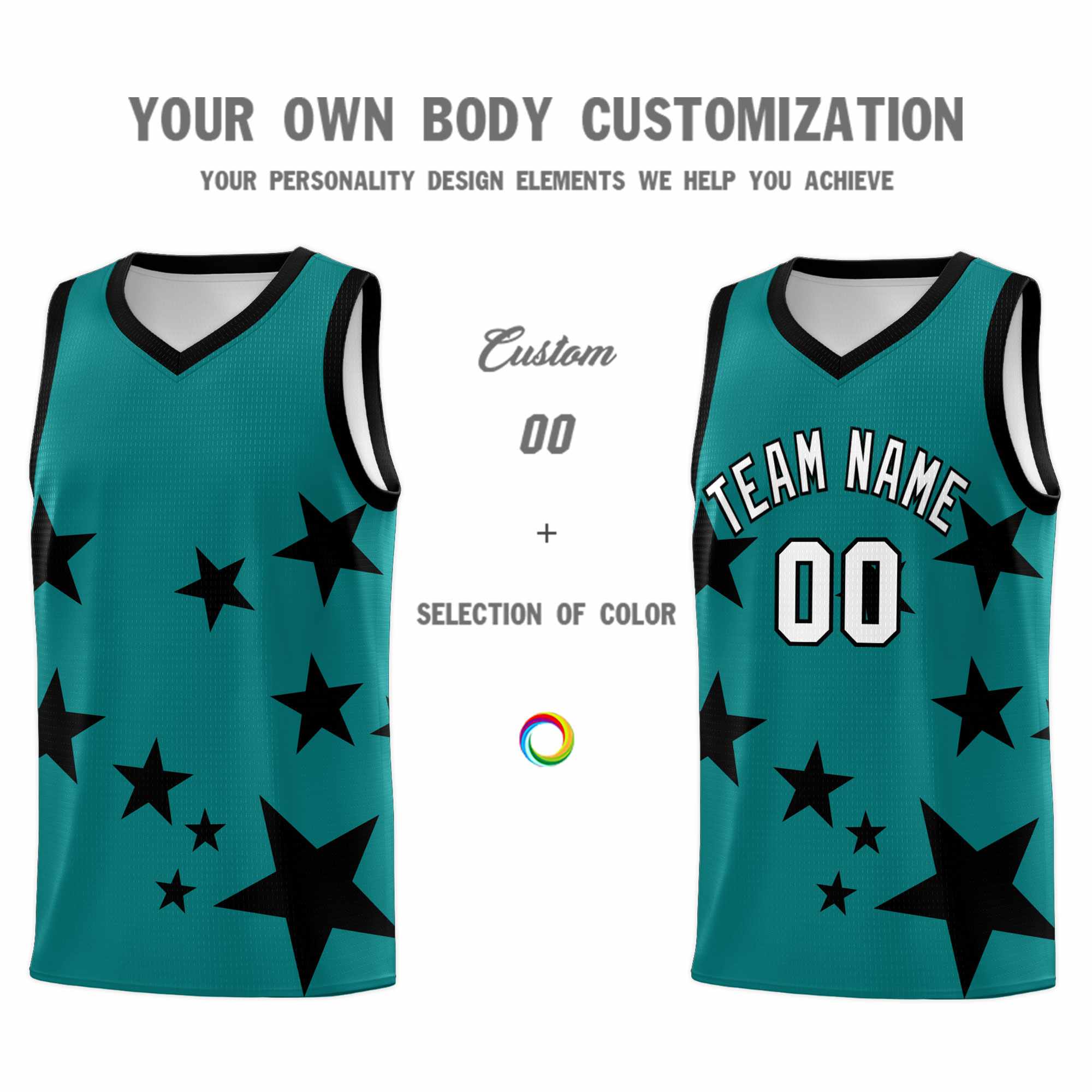 Custom Aqua Black Graffiti Pattern Star Print Basketball Kits Sets