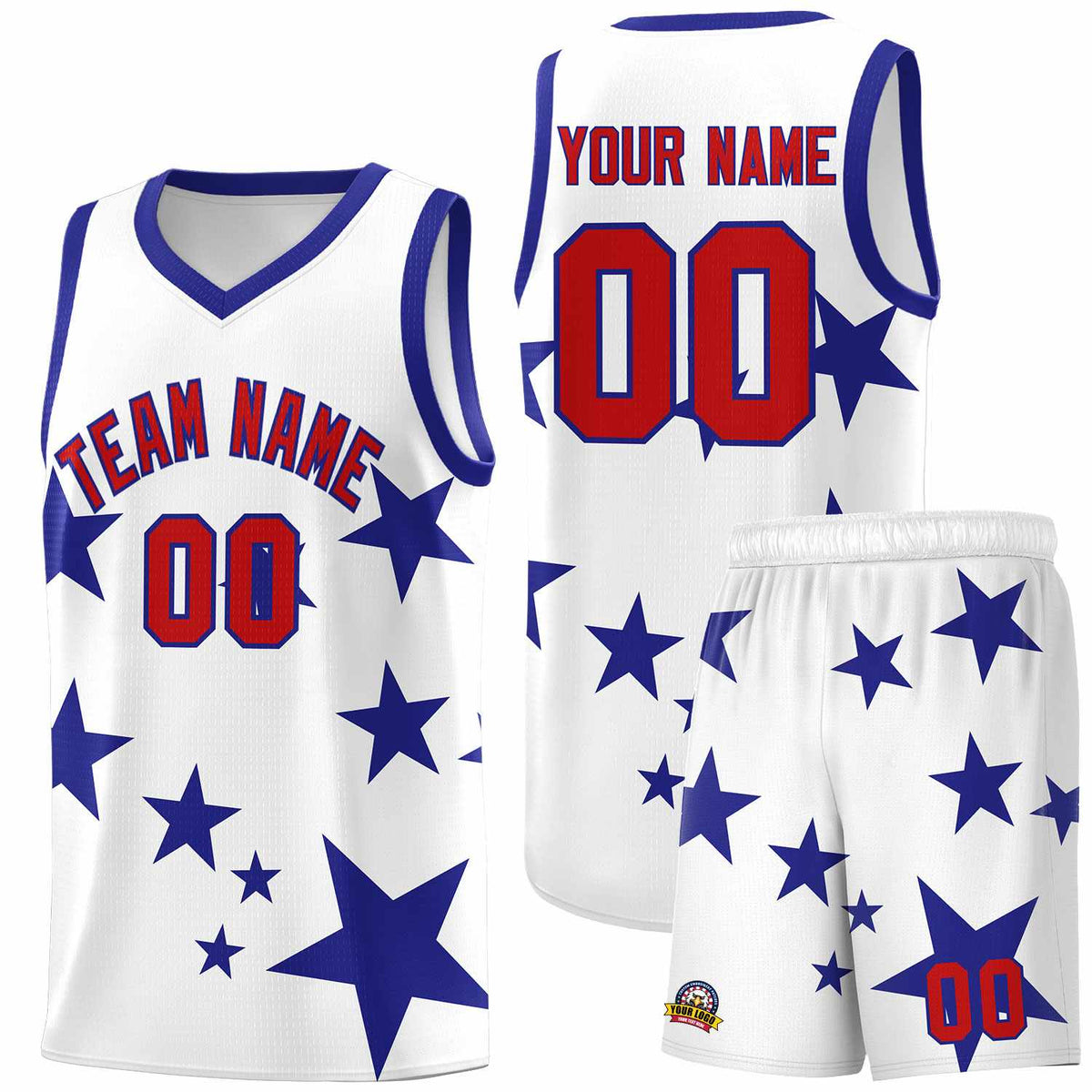 Custom White Royal Graffiti Pattern Star Print Basketball Kits Sets
