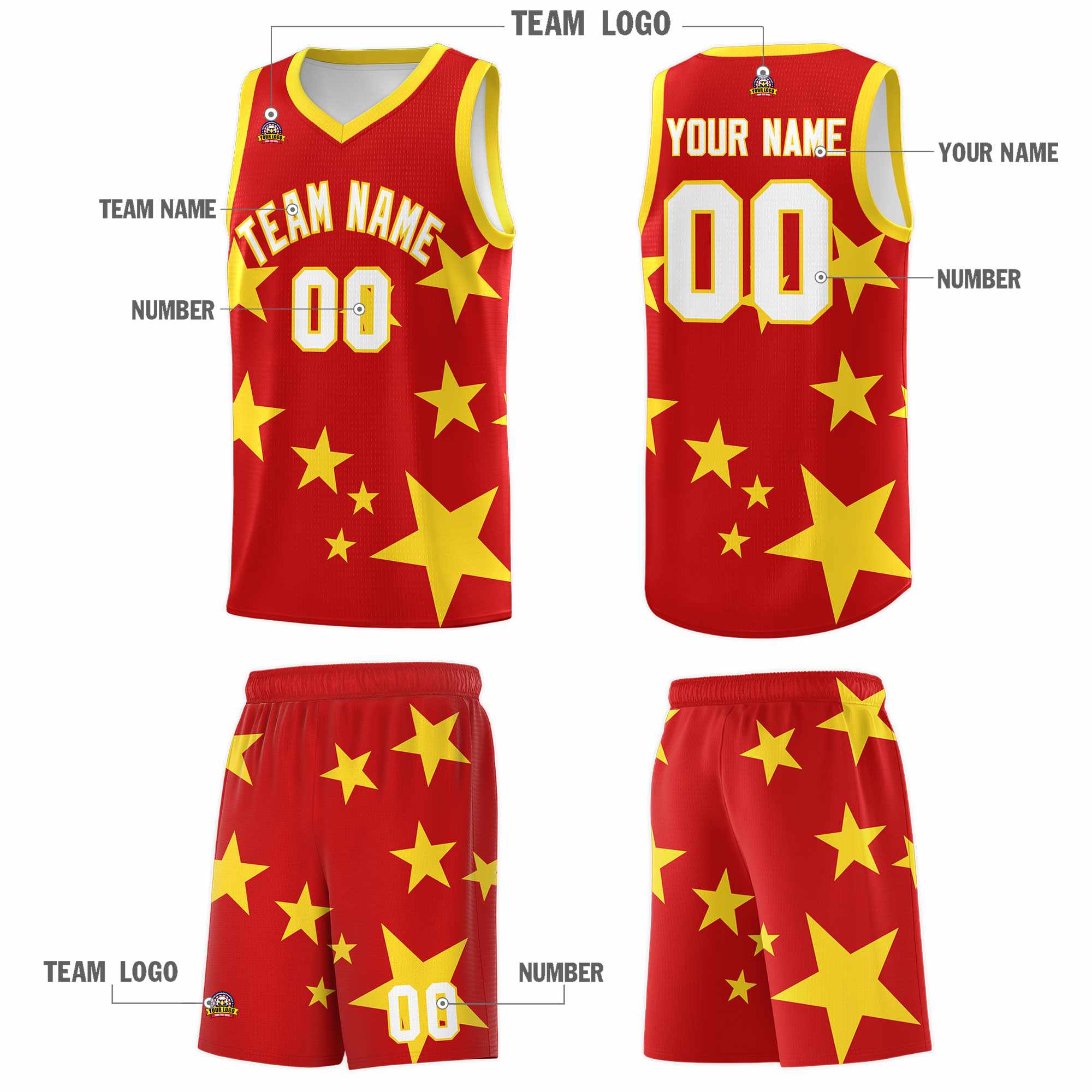 Custom Red Gold Graffiti Pattern Star Print Basketball Kits Sets