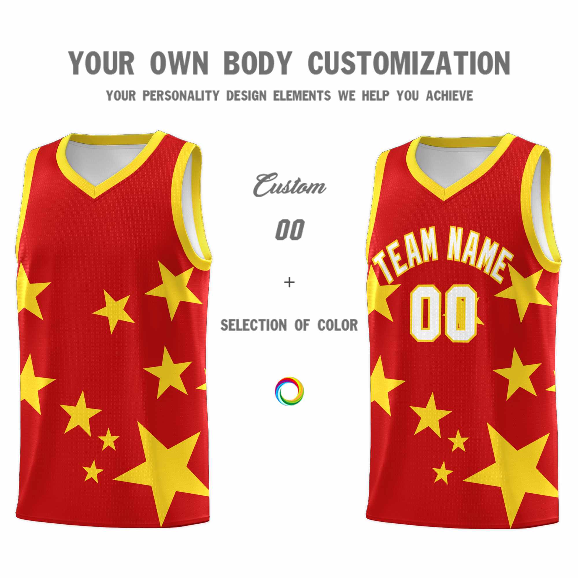Custom Red Gold Graffiti Pattern Star Print Basketball Kits Sets