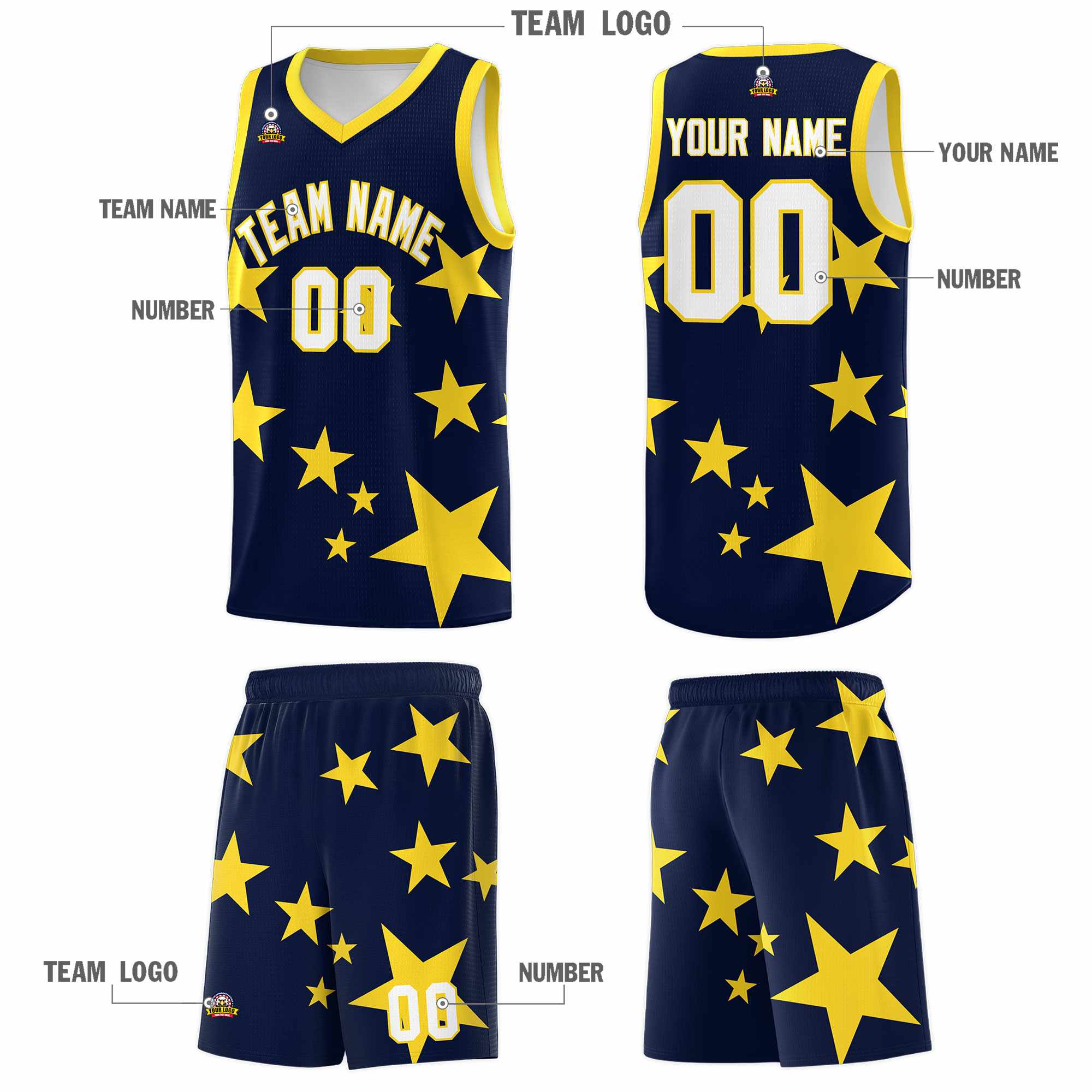 Custom Navy Gold Graffiti Pattern Star Print Basketball Kits Sets
