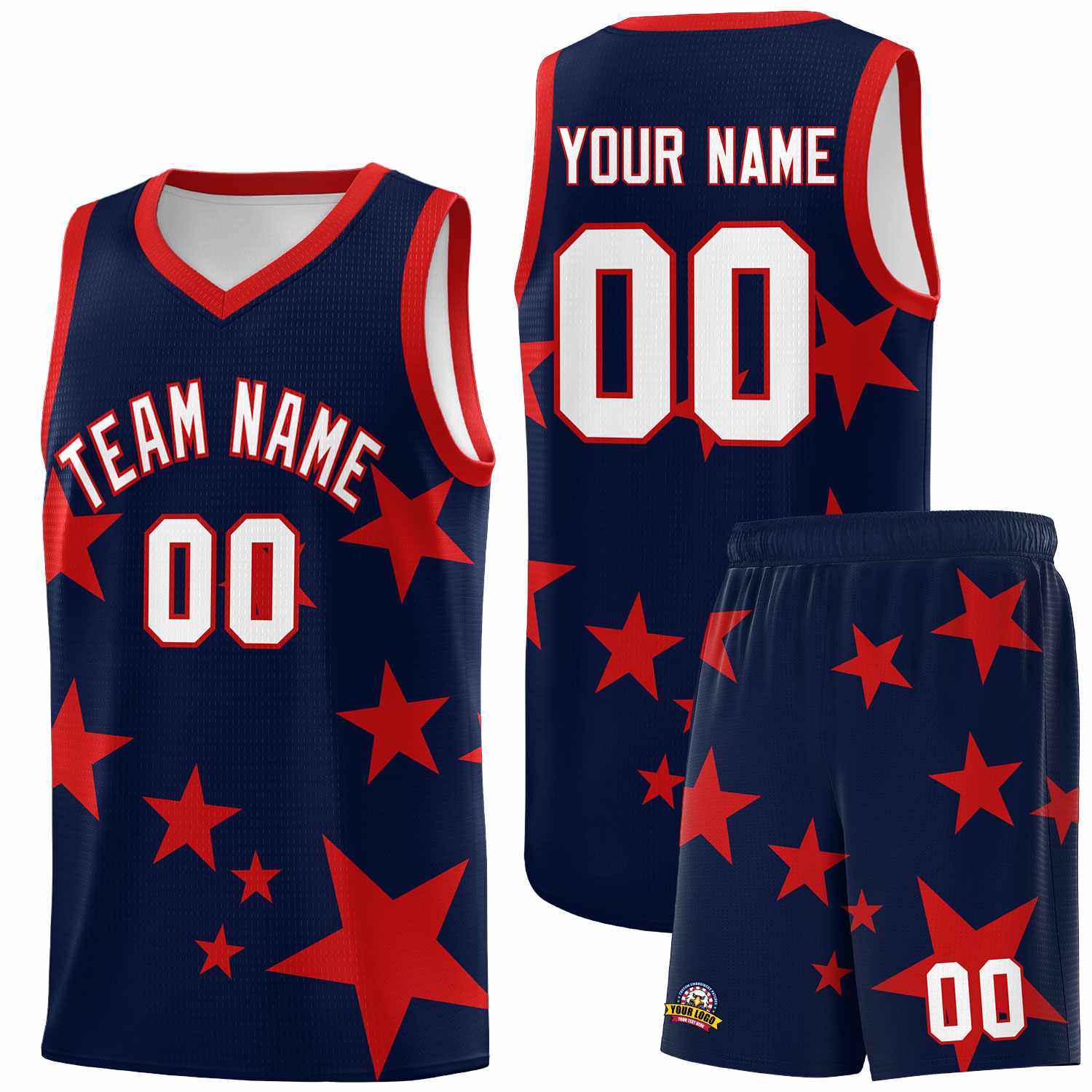Custom Navy Red Graffiti Pattern Star Print Basketball Kits Sets