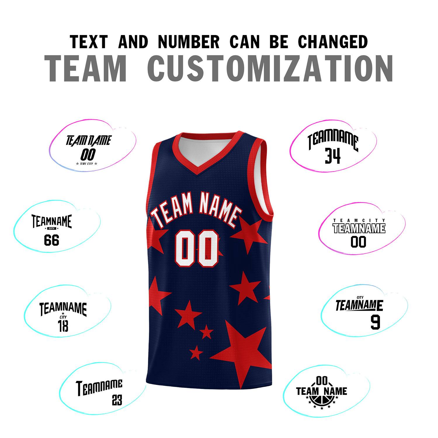 Custom Navy Red Graffiti Pattern Star Print Basketball Kits Sets