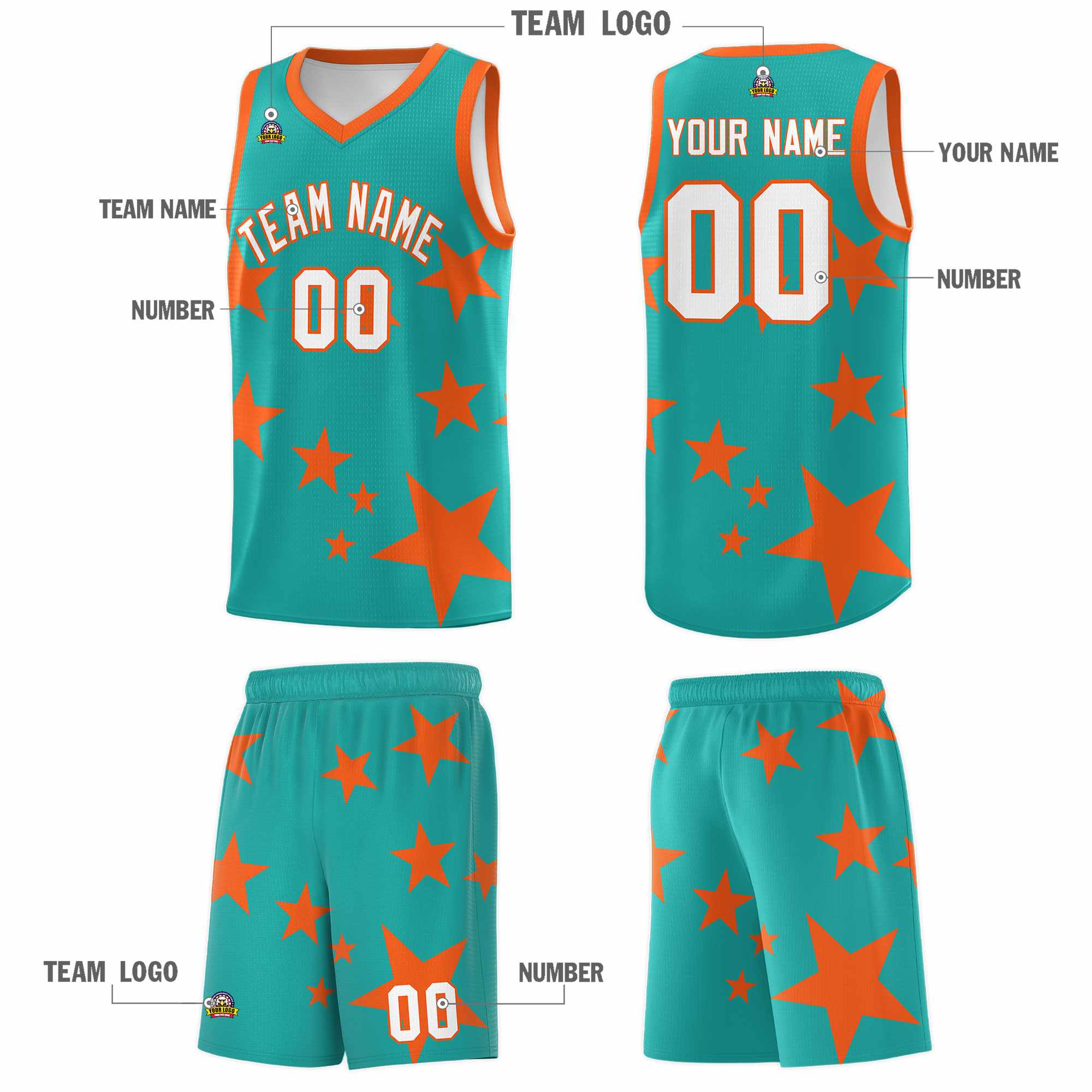 Custom Aqua Orange Graffiti Pattern Star Print Basketball Kits Sets