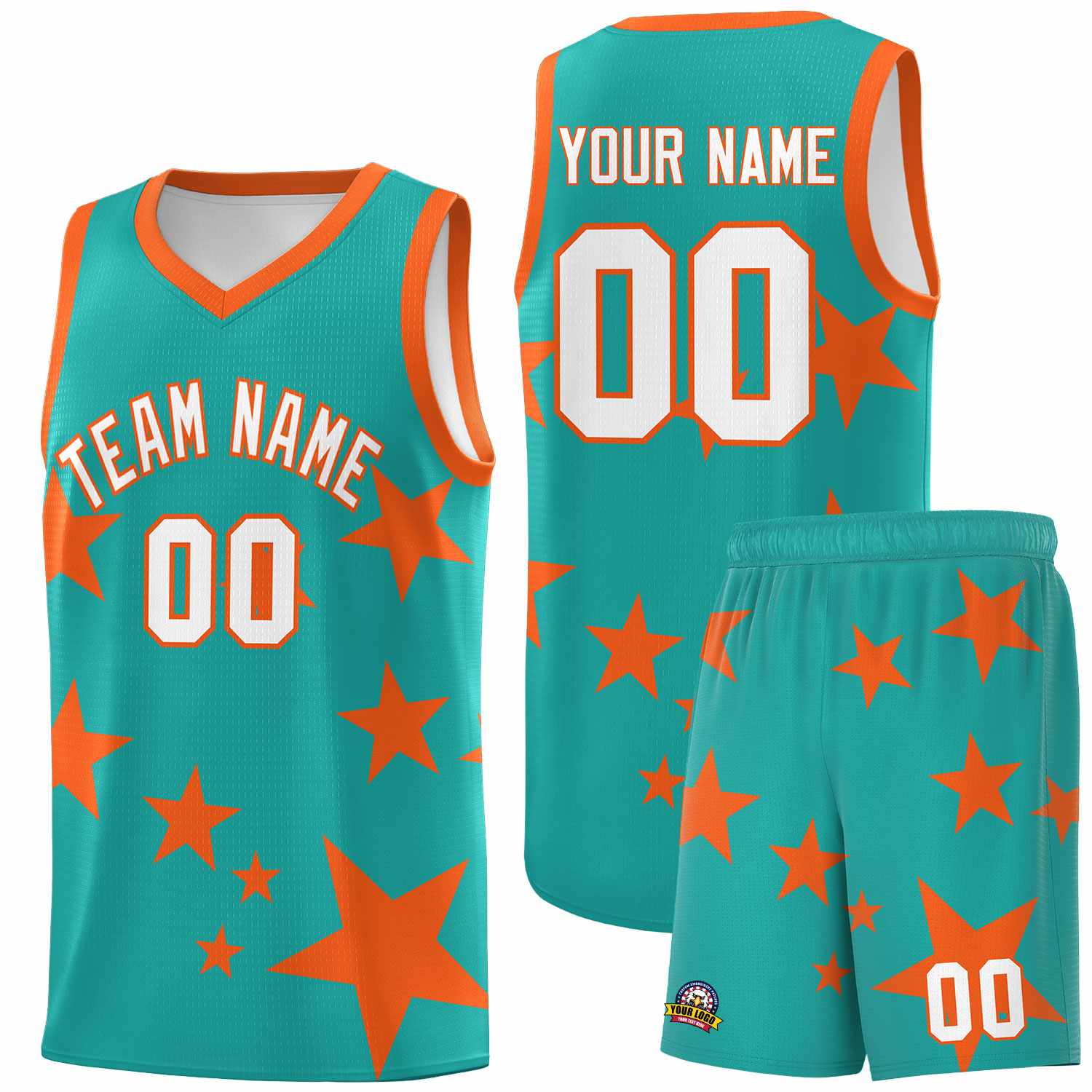 Custom Aqua Orange Graffiti Pattern Star Print Basketball Kits Sets