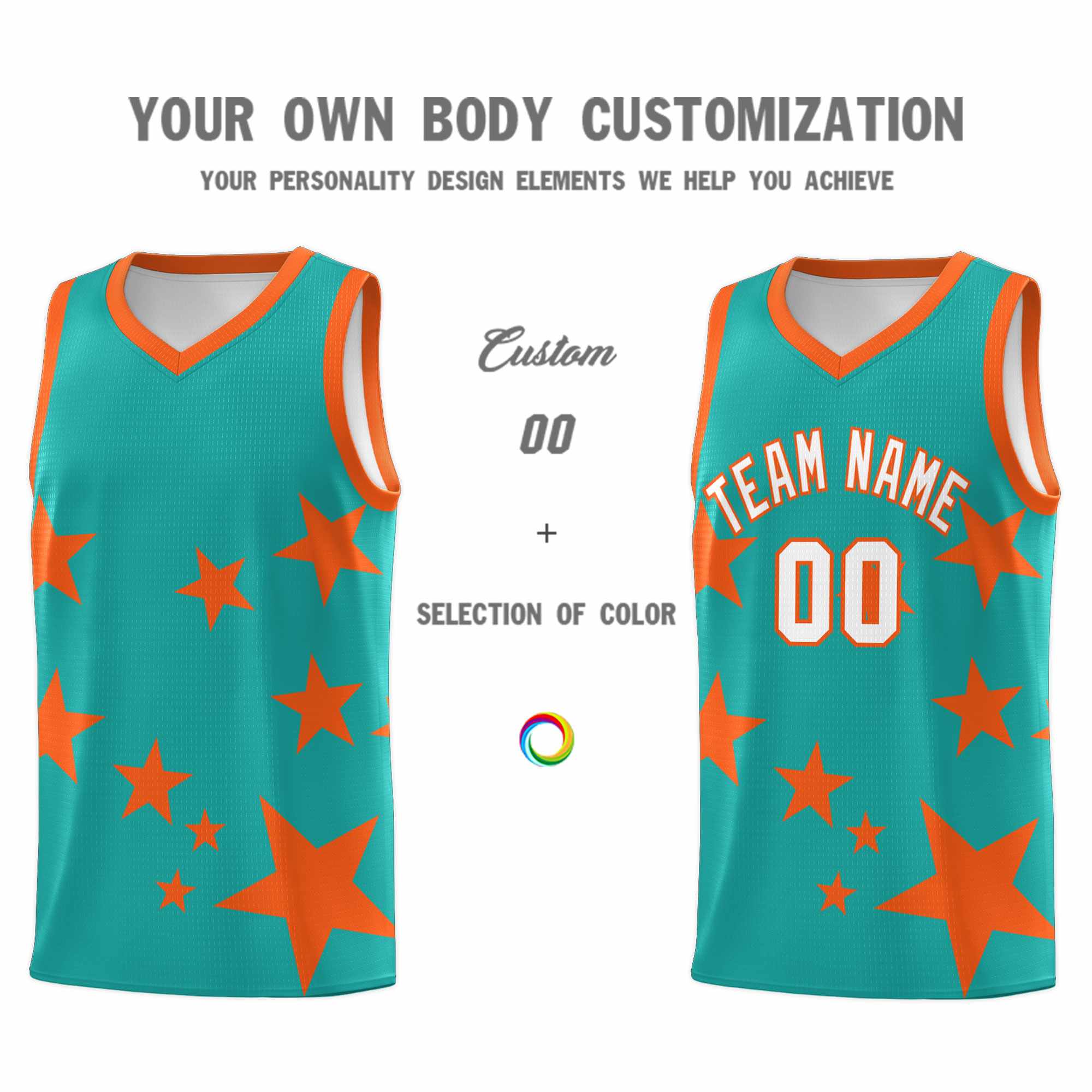 Custom Aqua Orange Graffiti Pattern Star Print Basketball Kits Sets