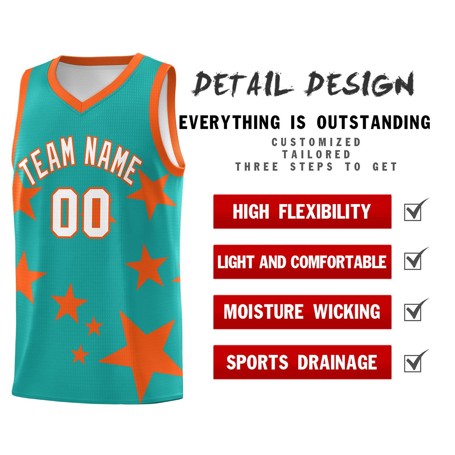 Custom Aqua Orange Graffiti Pattern Star Print Basketball Kits Sets