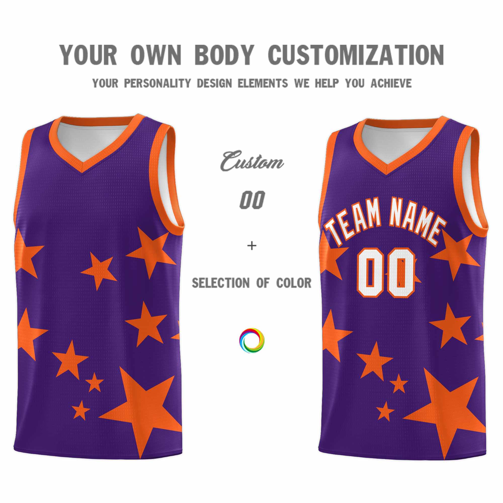 Custom Purple Orange Graffiti Pattern Star Print Basketball Kits Sets