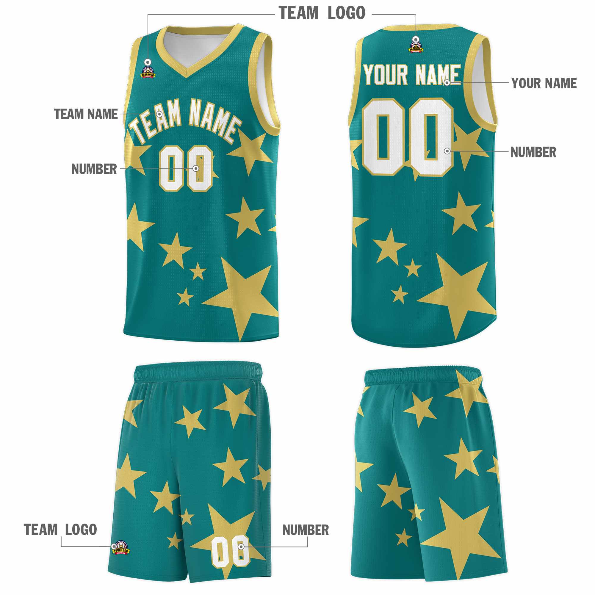 Custom Aqua Old Gold Graffiti Pattern Star Print Basketball Kits Sets