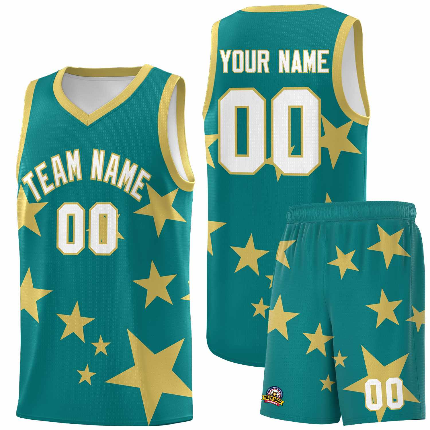 Custom Aqua Old Gold Graffiti Pattern Star Print Basketball Kits Sets