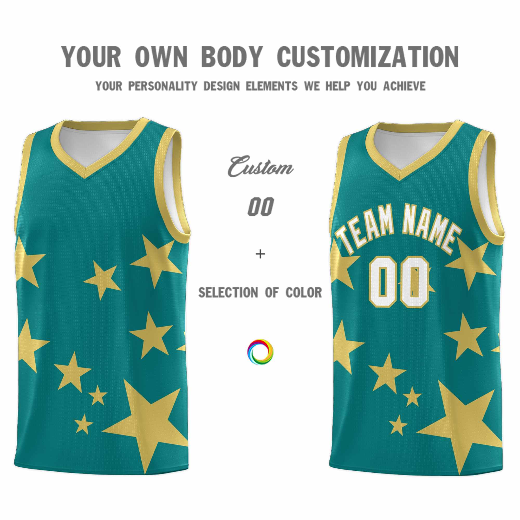 Custom Aqua Old Gold Graffiti Pattern Star Print Basketball Kits Sets