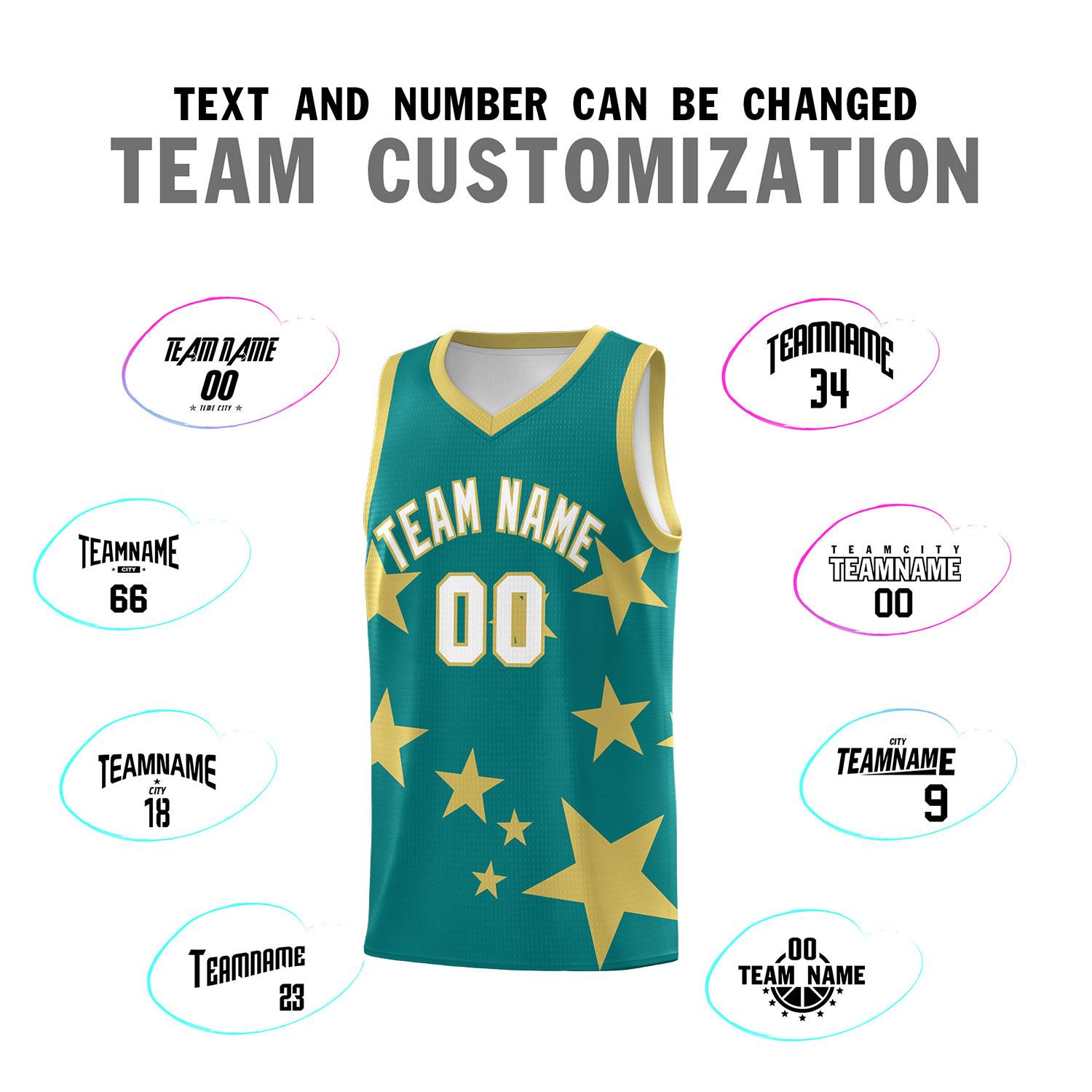 Custom Aqua Old Gold Graffiti Pattern Star Print Basketball Kits Sets