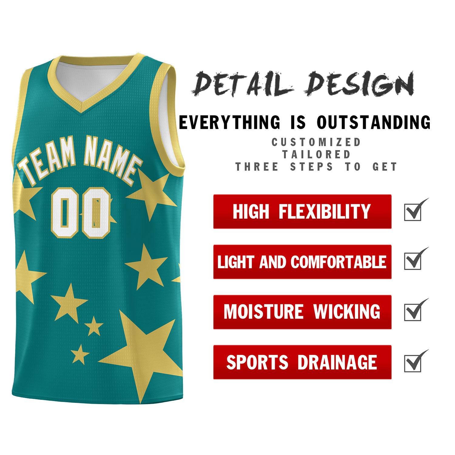 Custom Aqua Old Gold Graffiti Pattern Star Print Basketball Kits Sets