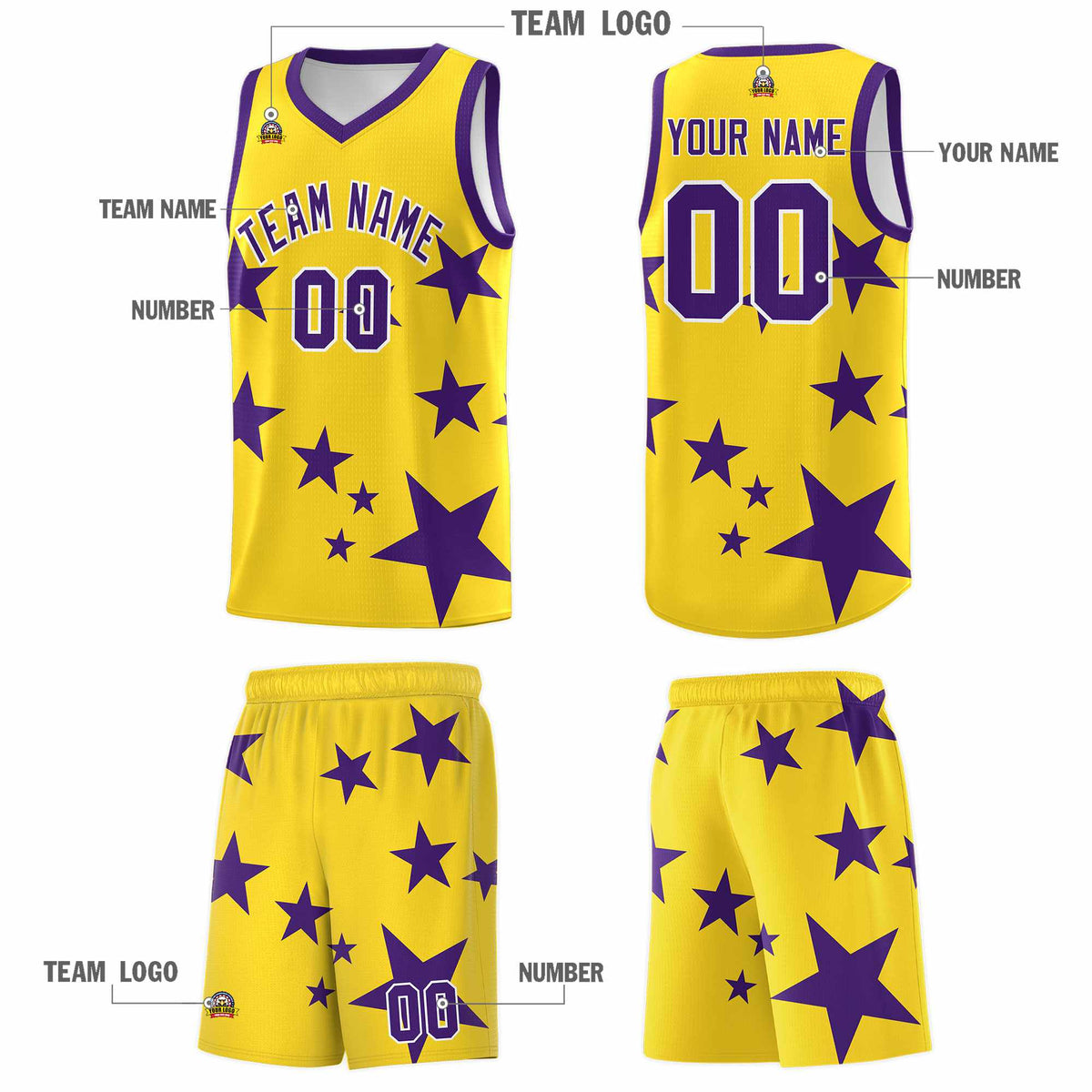 Custom Gold Purple Graffiti Pattern Star Print Basketball Kits Sets