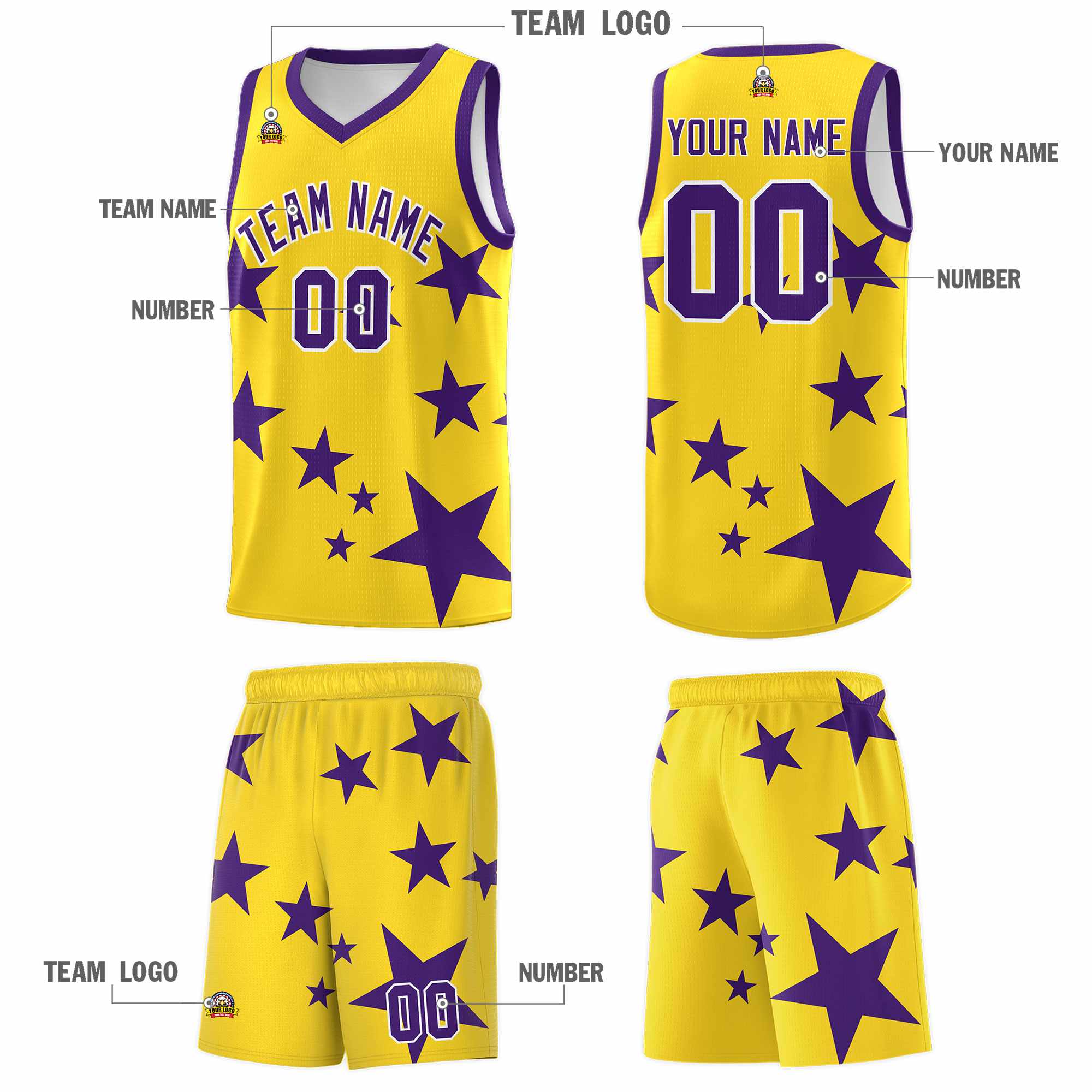 Custom Gold Purple Graffiti Pattern Star Print Basketball Kits Sets