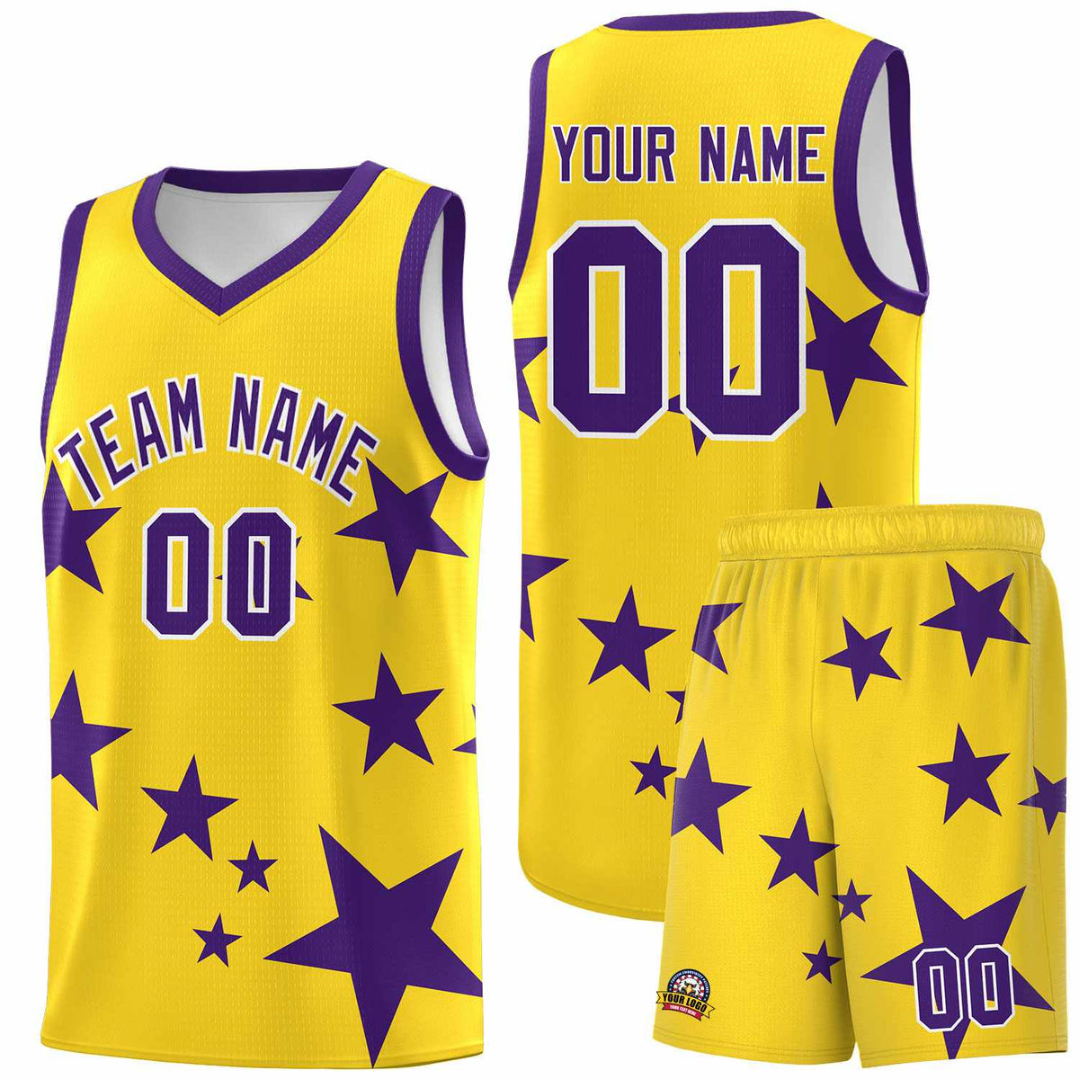 Custom Gold Purple Graffiti Pattern Star Print Basketball Kits Sets